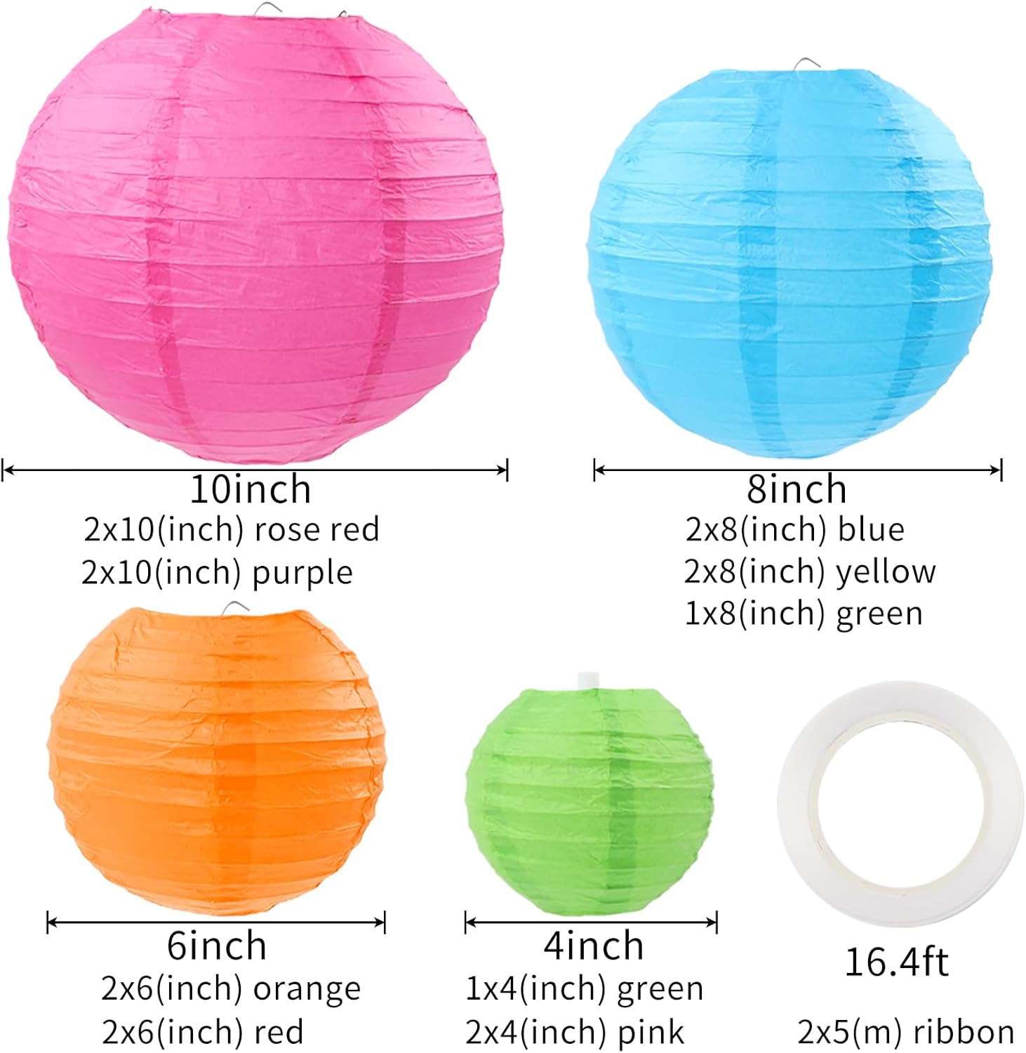 16 Pcs Colorful Paper Lanterns, Multi-Color Chinese or Japanese Hanging Paper Lanterns Decorations for Party, Classroom, Wedding, Home Decorations(Size of 4, 6, 8, 10 In)