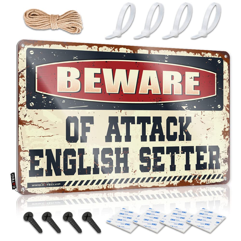 HELIOFORGE Tin Signs Beware Of Attack English Setter Tin Sign Beer Signs For Bar Funny Kitchen Signs(20X30CM)