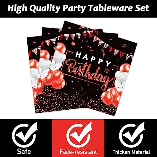 Miniatura 4 de Juego de 200 piezas de vajilla de fiesta de cumpleaños rojo y negro, suministros de feliz cumpleaños, platos de papel rojo y negro y servilletas,