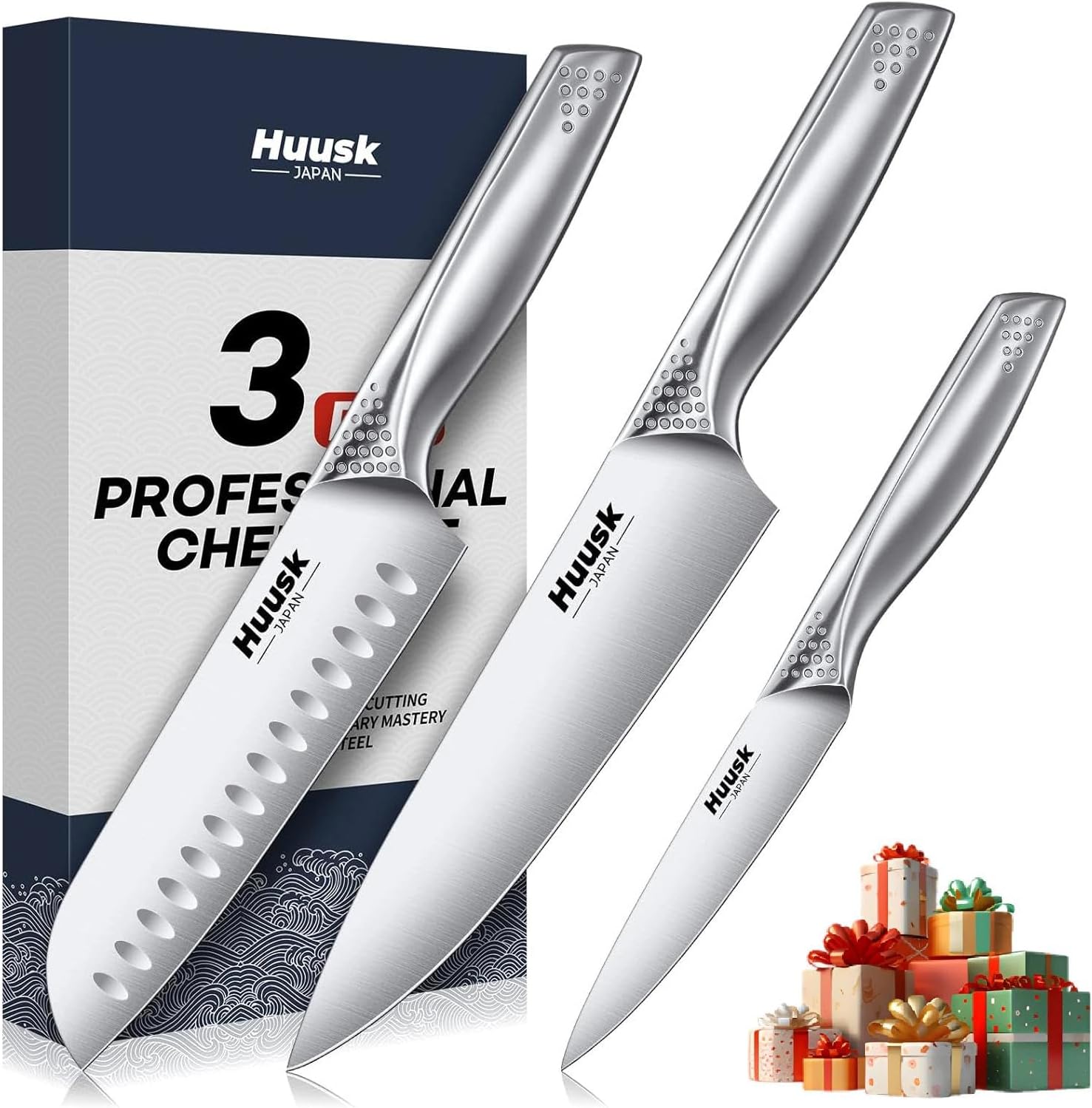Huusk 3 Pieces Knife Set - Japanese Stainless Steel Kitchen Knife Sets, Professional Ultra Sharp Chef Knives Set with Ergonomic Handle, Gift for Birthday, Christmas Gifts for Men and Women
