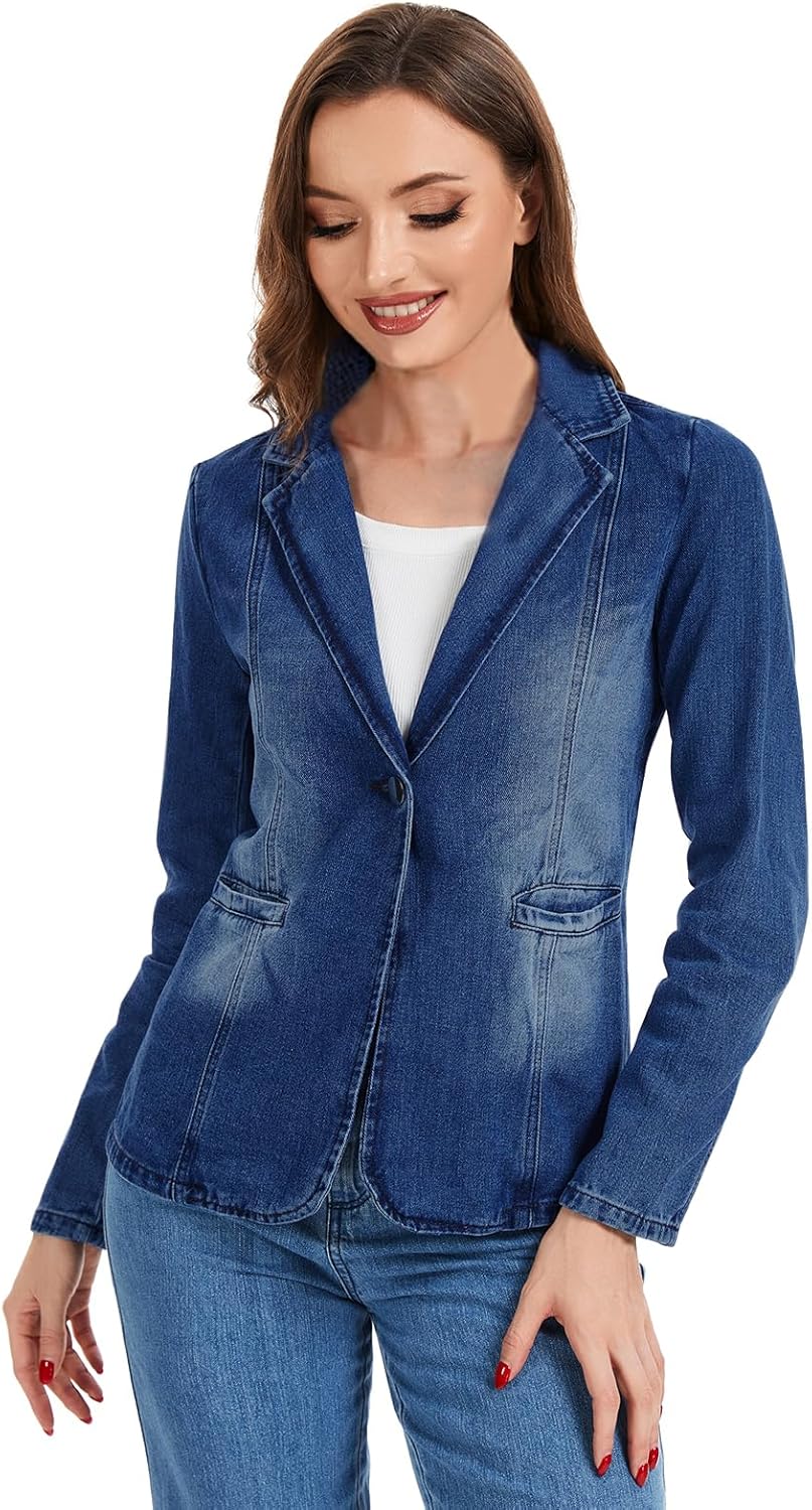 Womens Denim Jackets Long Sleeve Lapel Button Slim Office Pocket Washed Business Jean Jacket - Image 2