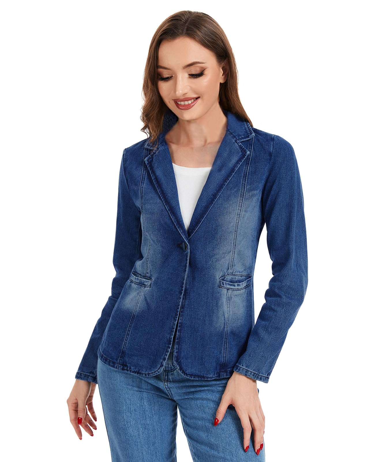 Blazer da donna in denim classico con risvolto tacca un bottone manica lunga slim ufficio denim giacca di jeans