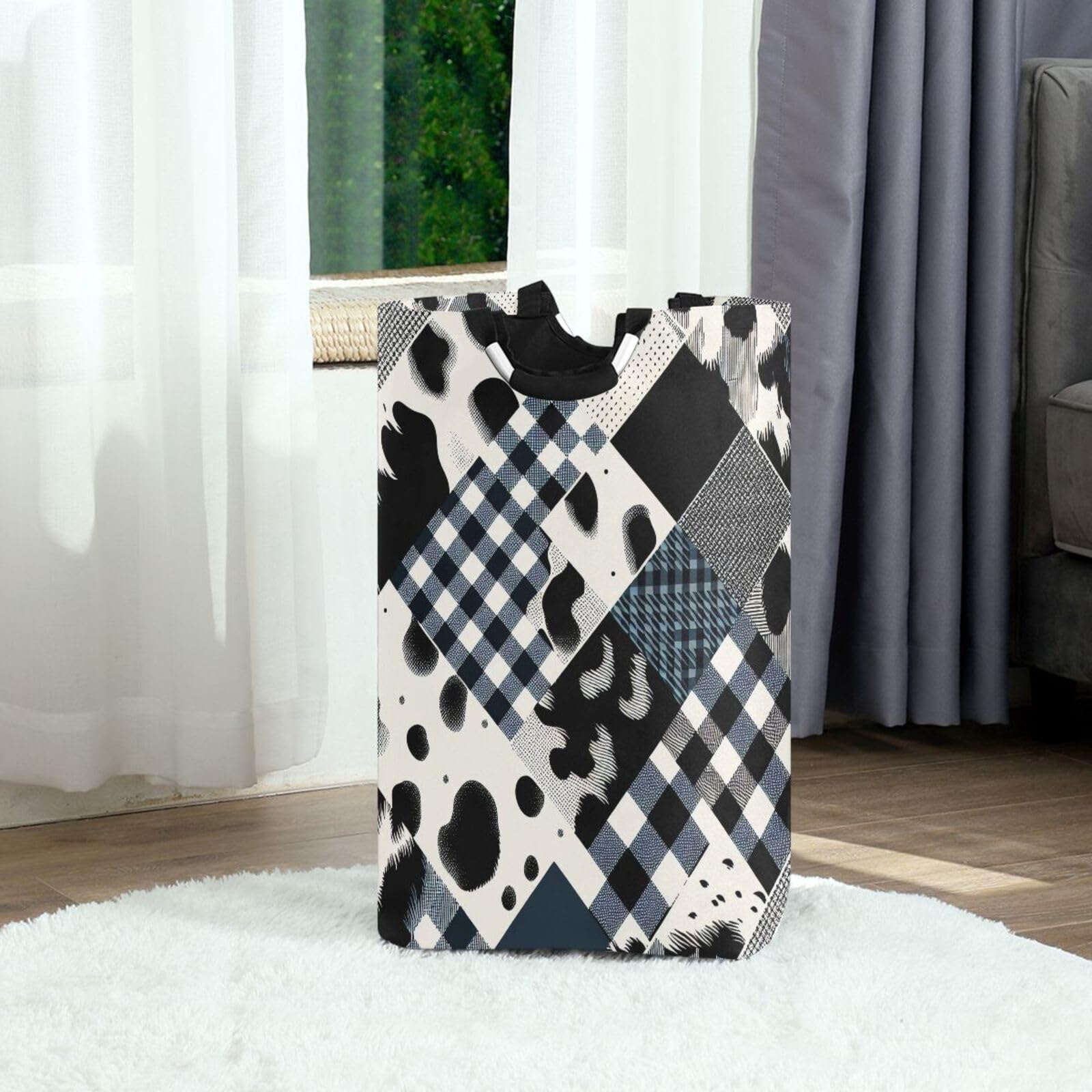 Jihqo Laundry Hamper Basket Cow Print Gingham Collapsible Nursery Storage Bin Waterproof Clothing Baskets for Home Bedroom Bathroom Washing Room