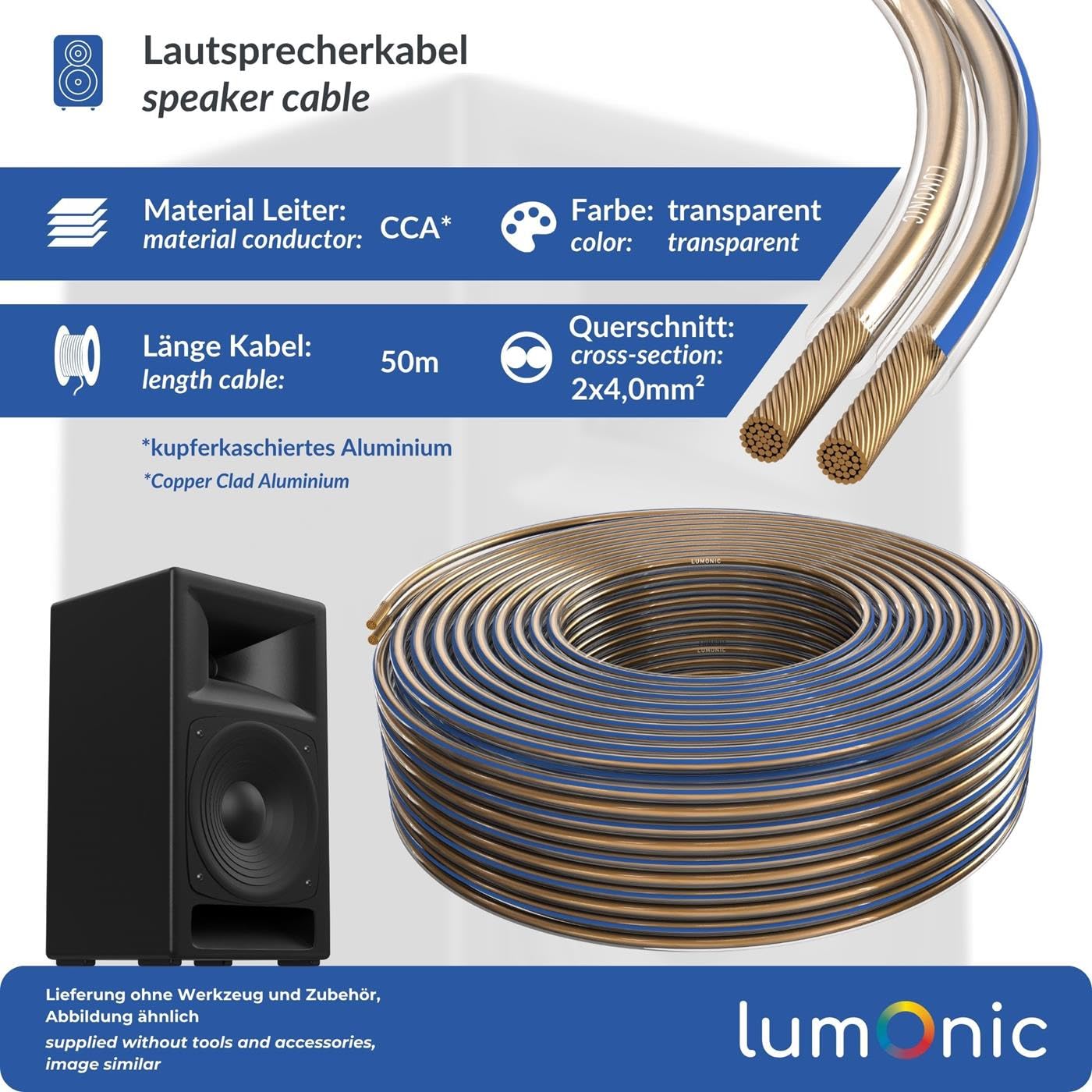 Lumonic Cavi per altoparlanti | 50m Trasparente | 2x 4mm² CCA | Marcatura blu Cavo per diffusori HiFi | Linea audio doppia