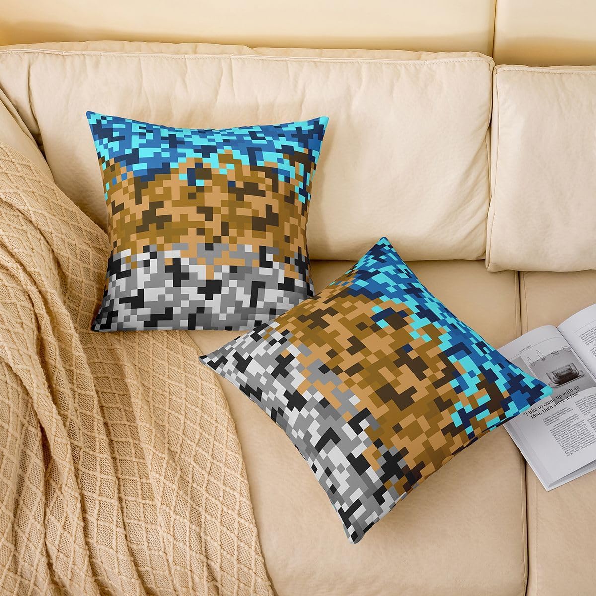 Pixelated Miners Gaming Throw Pillow Covers (Pack of 4),Blue Brown Grey Grid Cushion Cover for Kids Girls Boys Construct Video Games Pillow Cases Geometric Block Living Room Sofa Bed Decor ,16"Lx16"W image 2