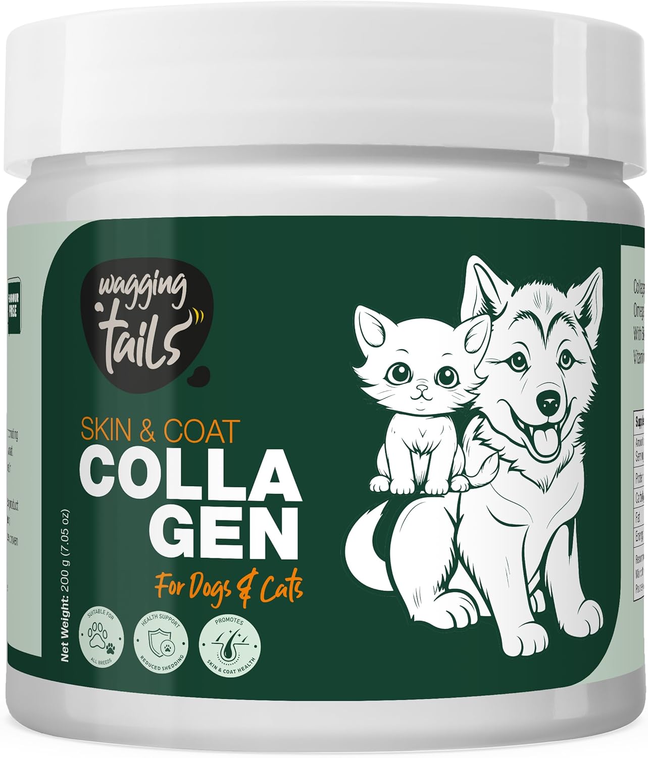 Wagging Tails Skin & Coat Collagen Peptide Topper Powder | for Dogs & Cats of All Breeds | Reduce Shedding & Itching | Thick & Shiny Fur | Easy to Digest | No Added Flavour 7.05 oz (Pack of 2)