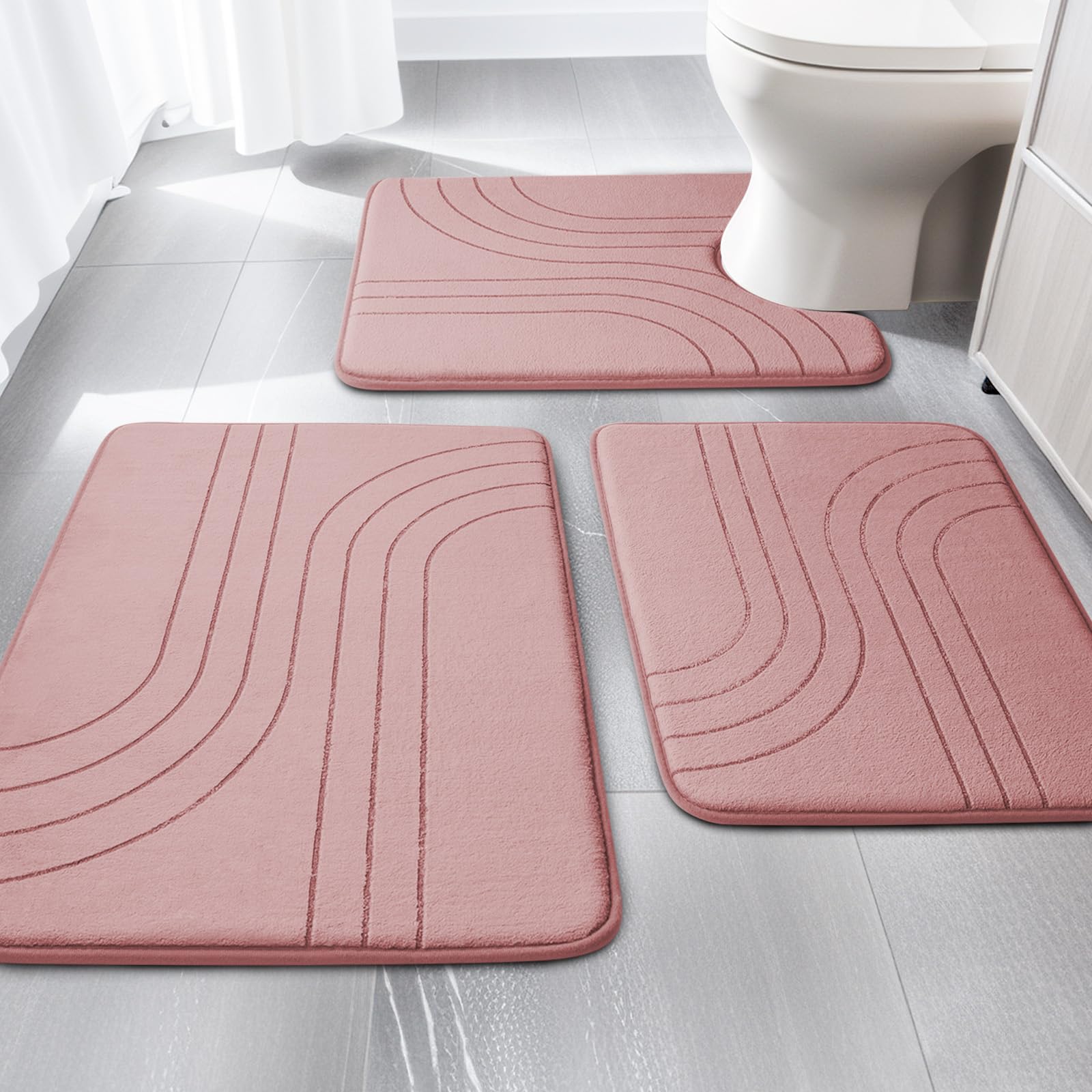 YIHOUSE Badezimmerteppich-Set, weich, rutschfest, Memory-Schaum, extra dicke Badematten für Badezimmer, maschinenwaschbar, Badteppich-Set für Badewanne, WC und Boden, 3-teilig, Rosa