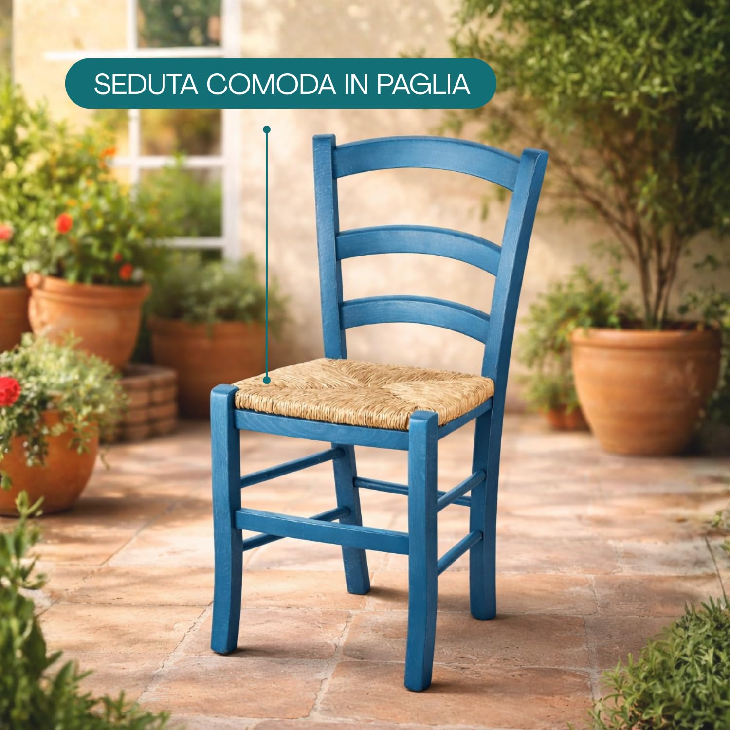 VIRSUS Set 2 Sedie Paesana in Legno con Seduta in Paglia, Misura 43x42x86 cm, Sedia Tradizionale Robusta, per Casa, Cucina, Agriturismo, Ristorante, Made in Italy (Azzurro)