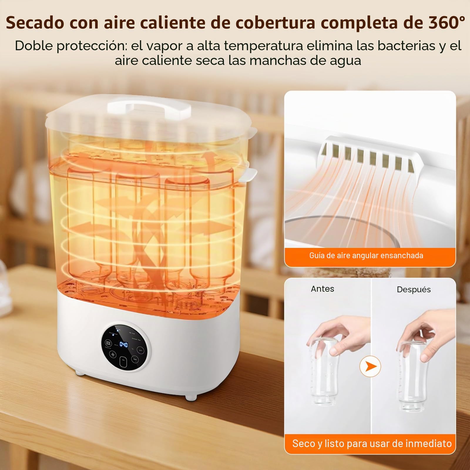 Esterilizador para biberones, botellas de bebé | 5 en 1: esterilización, secado, autoesterilización y secado, calentamiento de alimentos, mantenimiento de botellas calientes, capacidad de 8 botellas