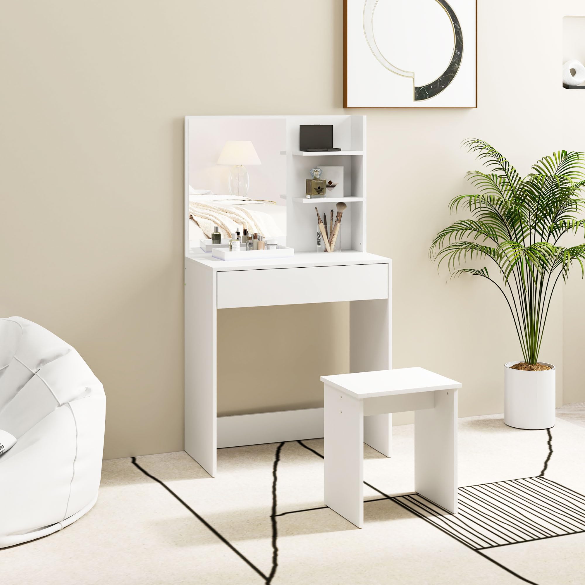 HOMCOM Postazione Trucco a 3 Ripiani e Cassetti con Specchio e Sgabello Abbinato, Toeletta Trucco da Camera in Truciolato, 75x40x137 cm, Bianco