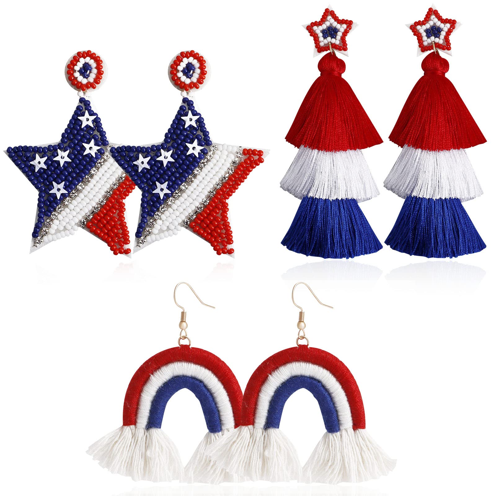 4th Of July Earrings for Women 4th Of July Decorations Patriotic Beaded Earrings Rainbow Layered Tassel Star Earrings Dangle Drop Earrings Holiday Independence Day Gifts 3 Pairs