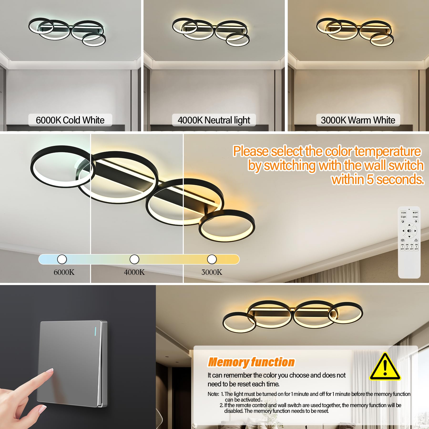 Plafonnier LED,Moderne Lampe de plafond 60W 3000K-6000K,4 anneaux ronde design Chambre Eclairage,Lampe Lustre avec Telecommande APP Dimmable,Luminaire interieur deco pour salon bureau cuisine couloir