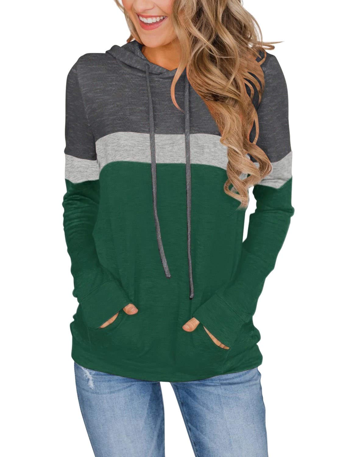 Women's Casual Color Block Hoodies Tops Long Sleeve Drawstring Pullover Sweatshirts with Pocket(S-XXL)
