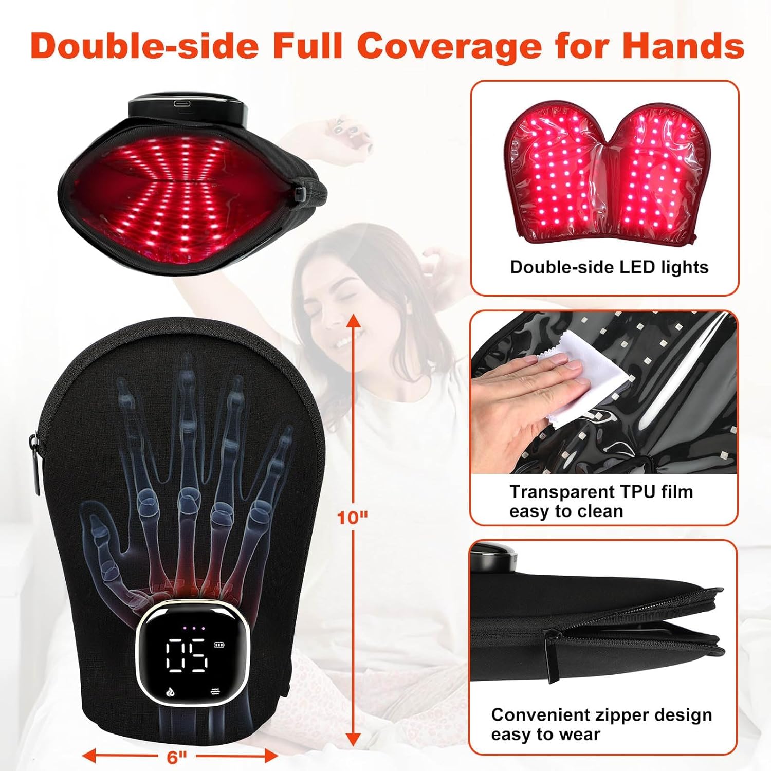 LOVTRAVEL 660nm Red Light Therapy Glove for Hand 850nm Near Infrared Light Device Mitten with Auto-Off Timer Rechargeable Pad for Hands Fingers Wrist Arthritis Joint Pain Relief - Image 6