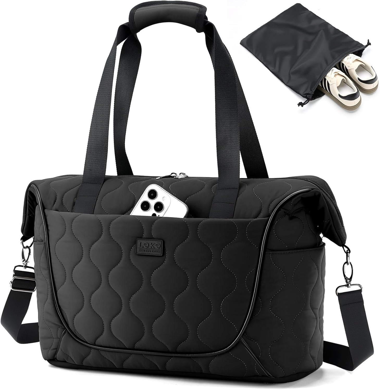 Quilted Puffer Travel Duffle Bag, Black, Large Capacity Weekender Tote, Multi-Compartment Design, Sporty Casual Style Black
