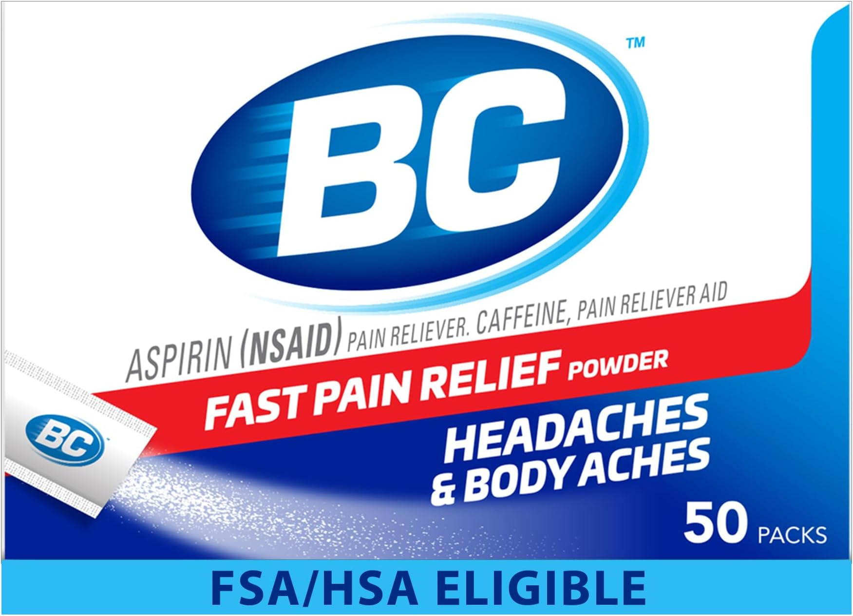 BC Original Headache Relief Powder, Dual-Action Aspirin & Caffeine Dissolve Packs, to Relieve Body Aches, Toothaches & Menstrual Cramps, 50 Count