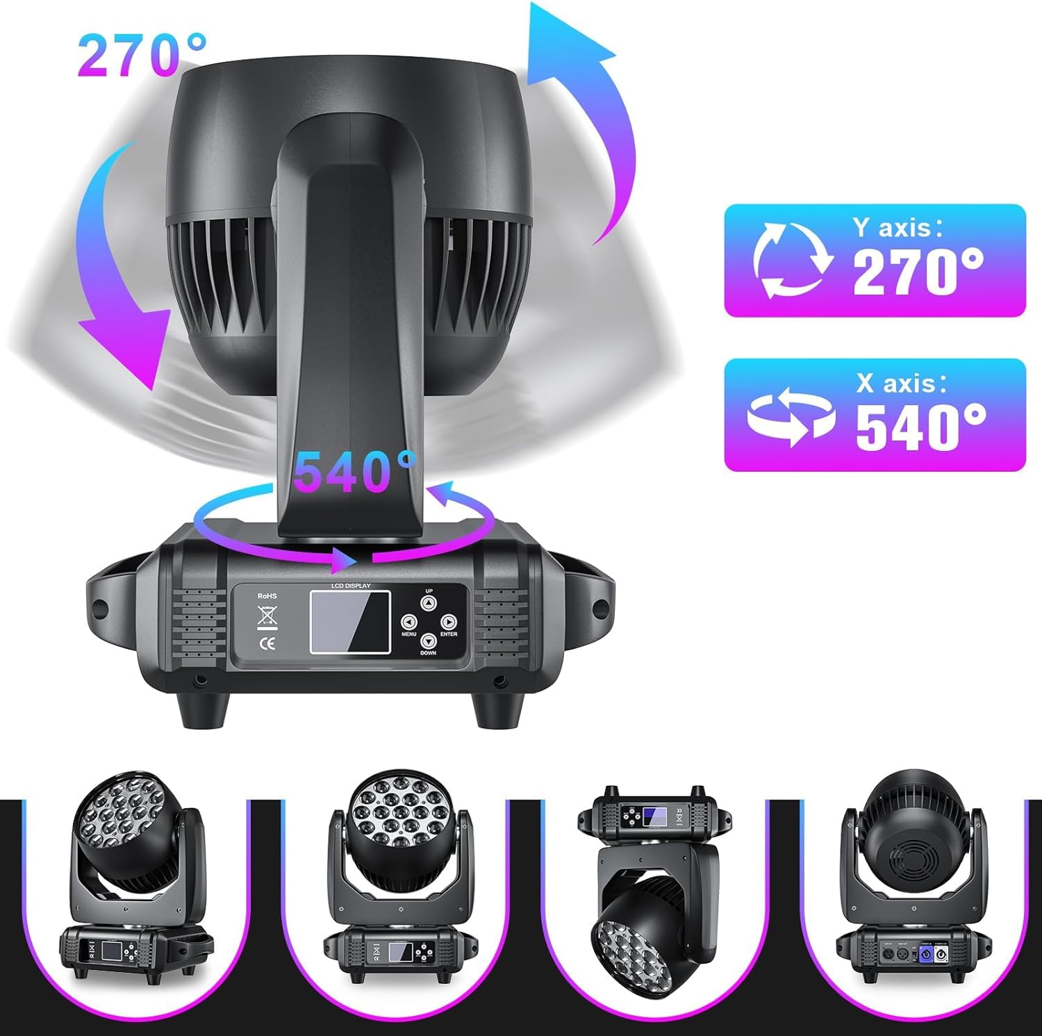 2er Pack 19x15W Moving Head LED Zoom DMX Beam Wash Effekt RGBW Bühne Lichter Professionelle Fokussierung DJ Lichter für Weihnachten Disco Party und Nachtclub