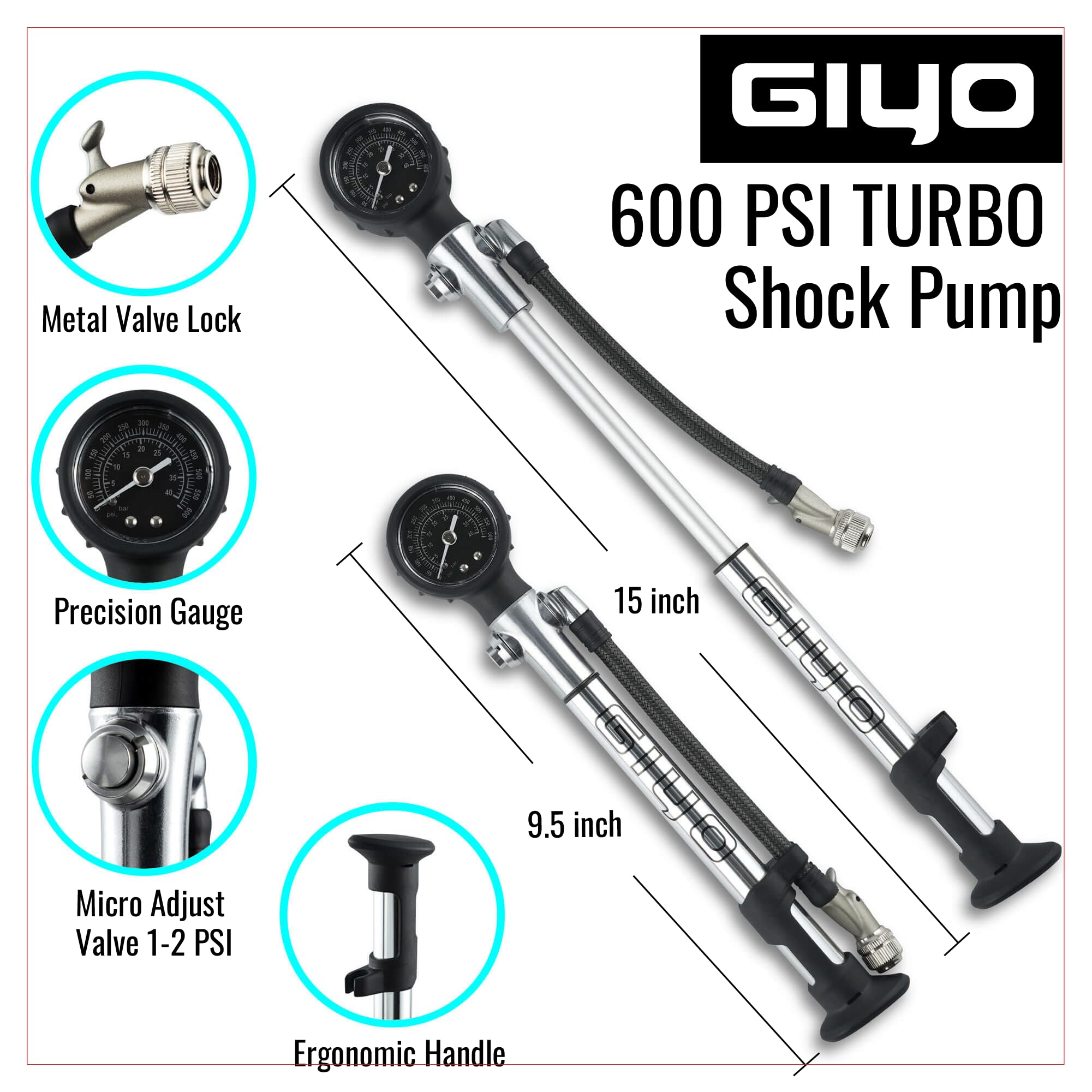 GIYO GS-24L Air Turbo Bike Shock Pump: hohes Volumen, müheloses Aufpumpen auf 600 PSI – Präzision, Haltbarkeit und Leichtigkeit für optimale Fahrradleistung