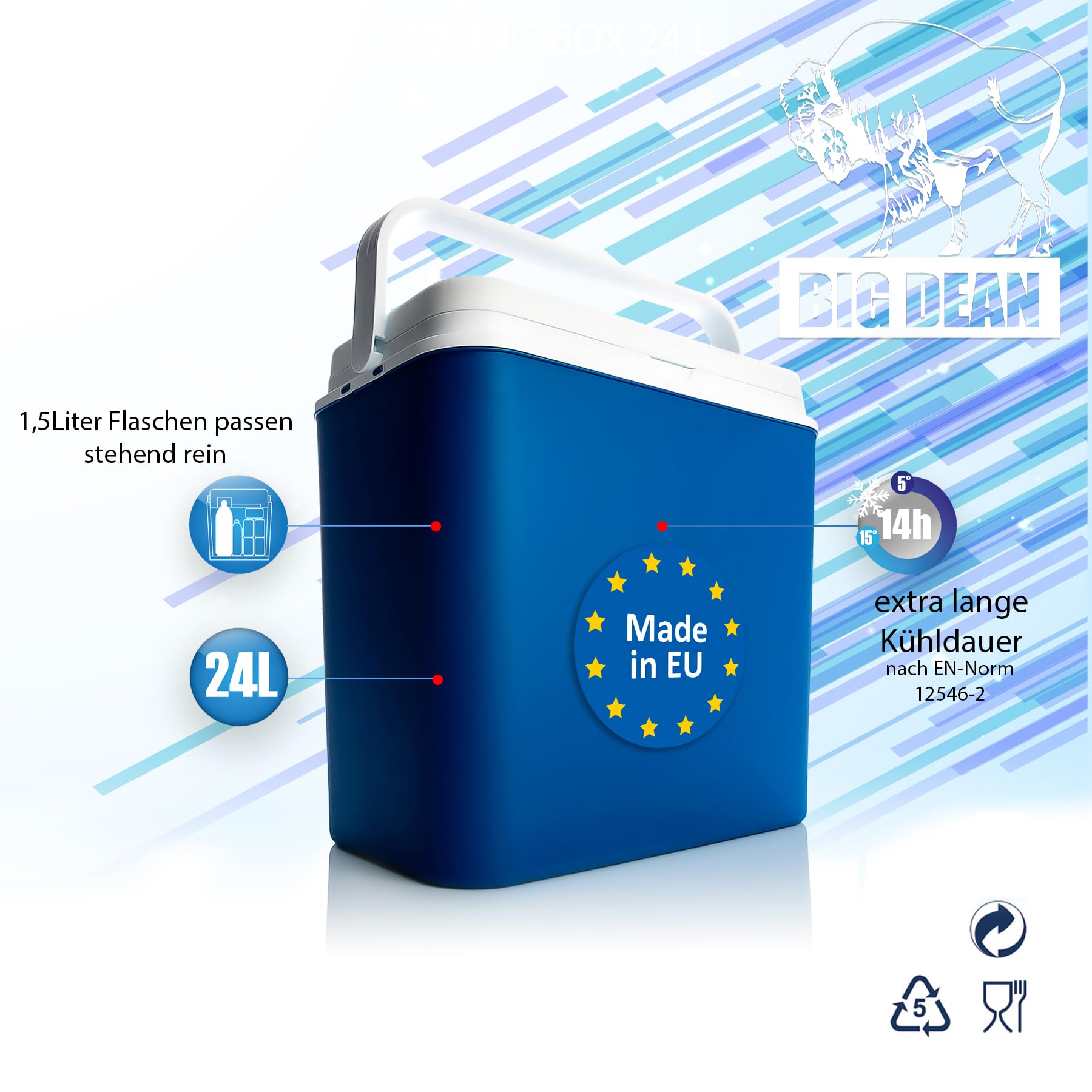 BigDean Kühlbox 24 Liter blau/weiß - Isolierbox mit bis zu 14 Std. Kühlung - Kühltasche für unterwegs - Outdoor Thermobox für Camping, Picknick & Garten - Made in Europe