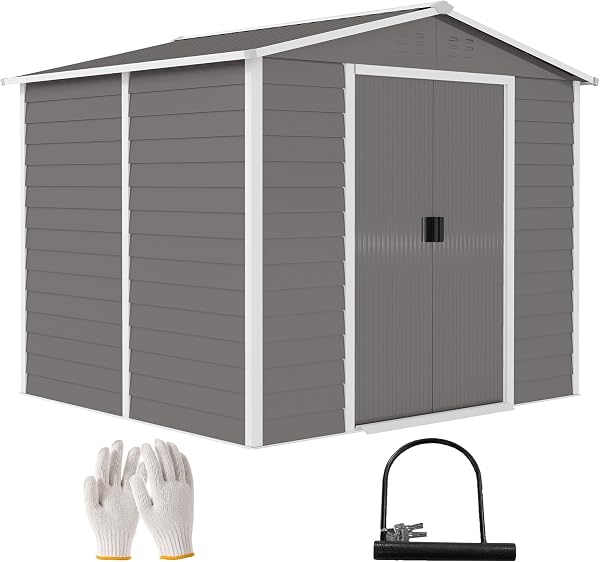 Outsunny Gerätehaus 4,4 m², Gartenhaus mit Pultdach, Schiebetür, Fundament, Einfach Montage 240 x 206 x 198 cm, Geräteschuppen aus Verzinkter Stahl, wetterfest, für Garten, Hellgrau - 1