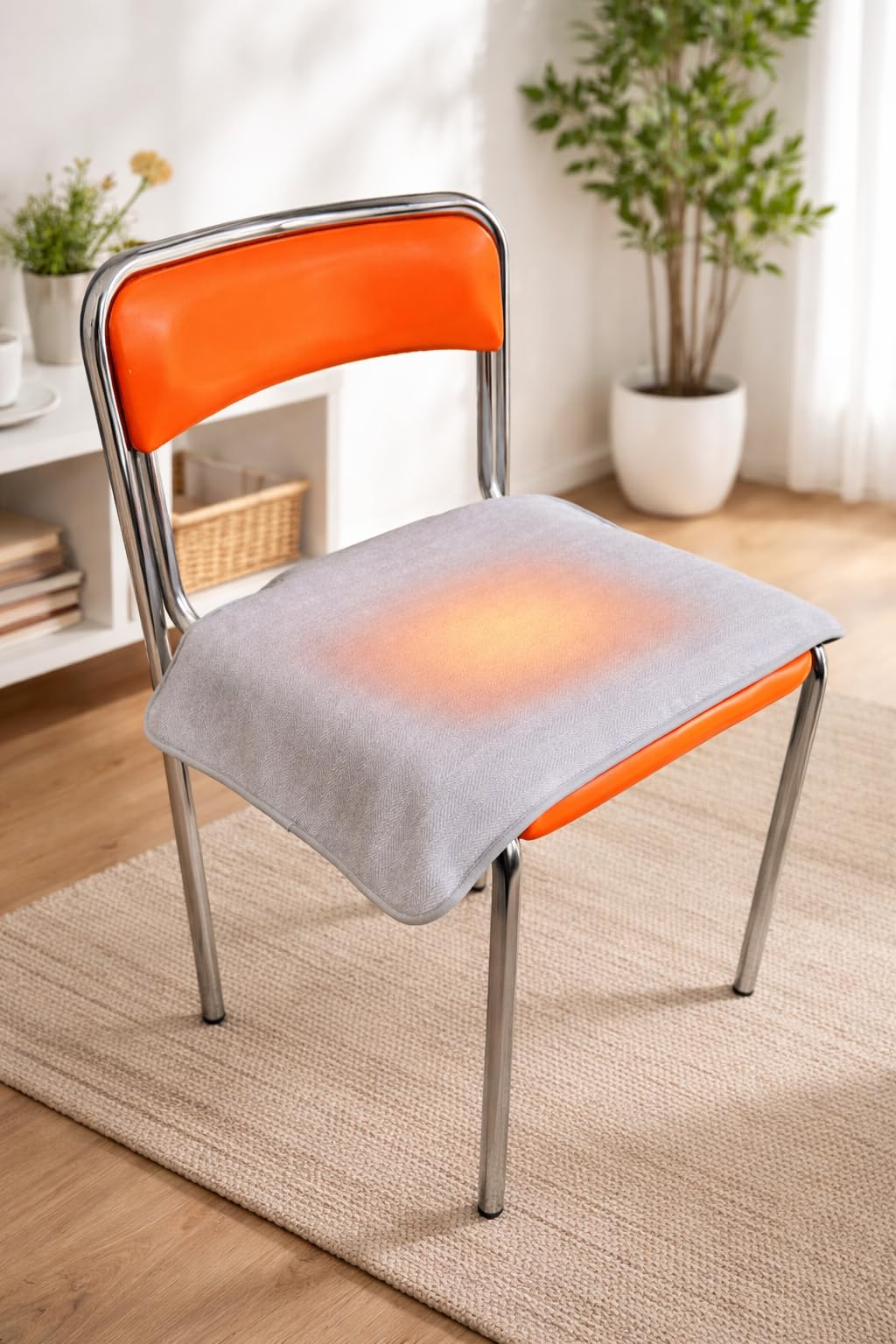 Infrarot Wärmematte Kabellos mit Powerbank (20.000 mAh) – Elektrisches Heizkissen für Sitz & Rücken – 3 Heizstufen – Chenille-Stoff Hellgrau – Indoor Wärmepad