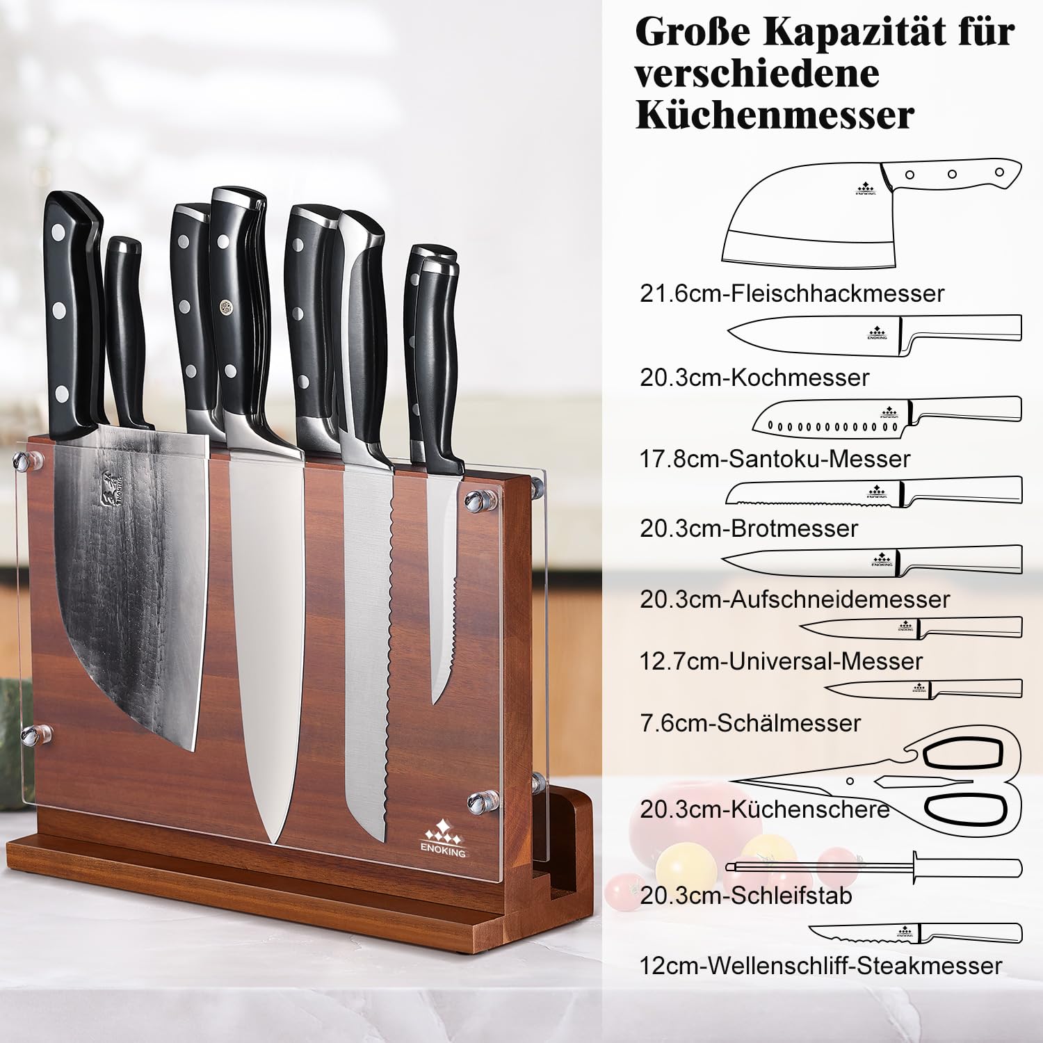 ENOKING Grande Porta Coltelli Cucina 31 x 23,5cm, Ceppo Porta Coltelli Doppio Lato MaGnetico con Schermo Acrilico, Premium Ceppo Coltelli Vuoto, Portacoltelli da Cucina in Legno di Acacia