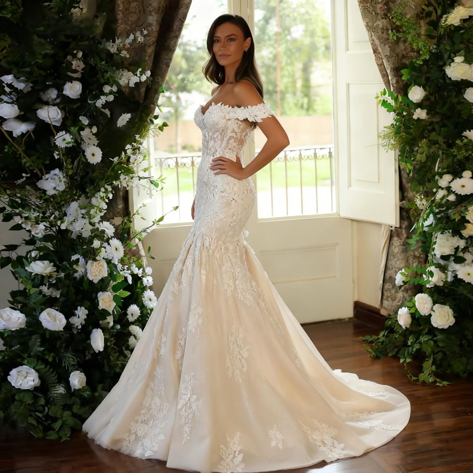 HUINI Off-Shoulder Tüll Hochzeitskleider für die Braut Meerjungfrau Spitzenapplikationen Strand Brautkleider mit Schleppe