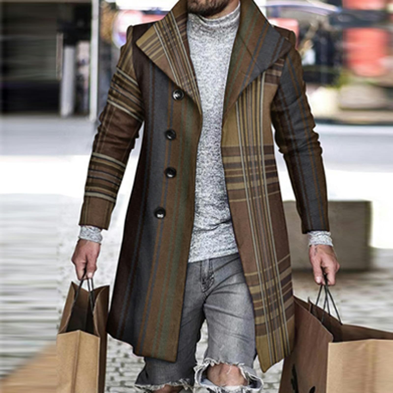 Cappotto di Lana con Impunture con Stampa Pied de Poule retrò Uomo Casual Giacca con Bottoni con Colletto rovesciato Autunno Inverno Tasca Lunga Giacca a Vento da Uomo
