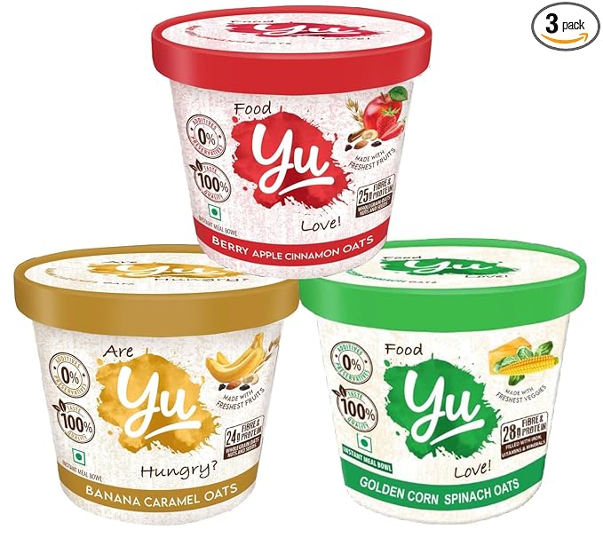 Yu - Instant Oats - Ready To Eat - Banana Caramel + Berry Apple + Corn Spinach - Gluten Free - Instant Breakfast - No Preservatives - 100% Natural & Veg - Instant Food in 3 mins - 155g (Pack of 3)