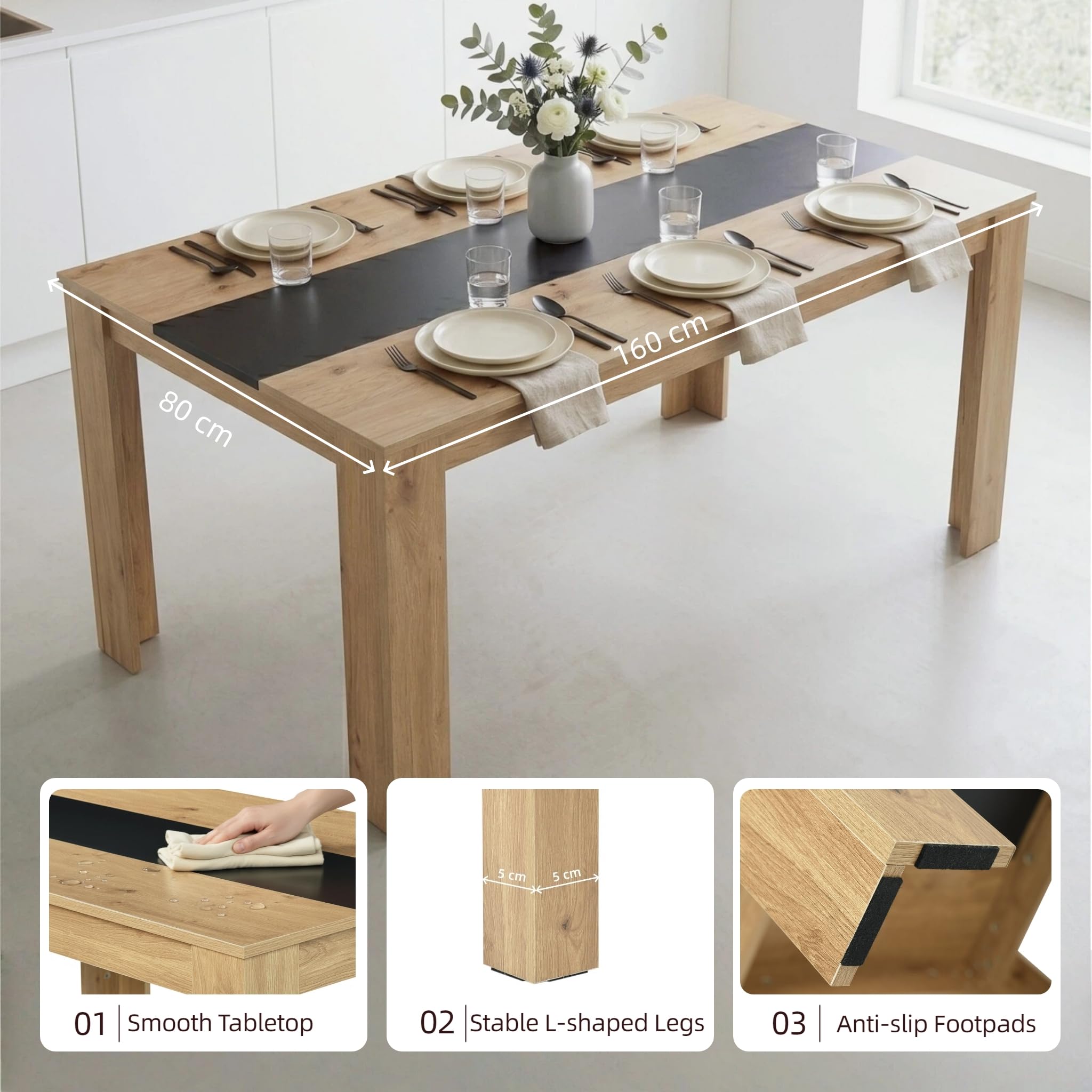 Esstisch Holz 160 x 80 cm für 6-8 Personen, Küchentisch Rechteckiger Esszimmertisch, Großer Tisch Holz für Esszimmer Küche Restaurant oder Wohnzimmer, Eiche und Schwarz, 160x80x75 cm