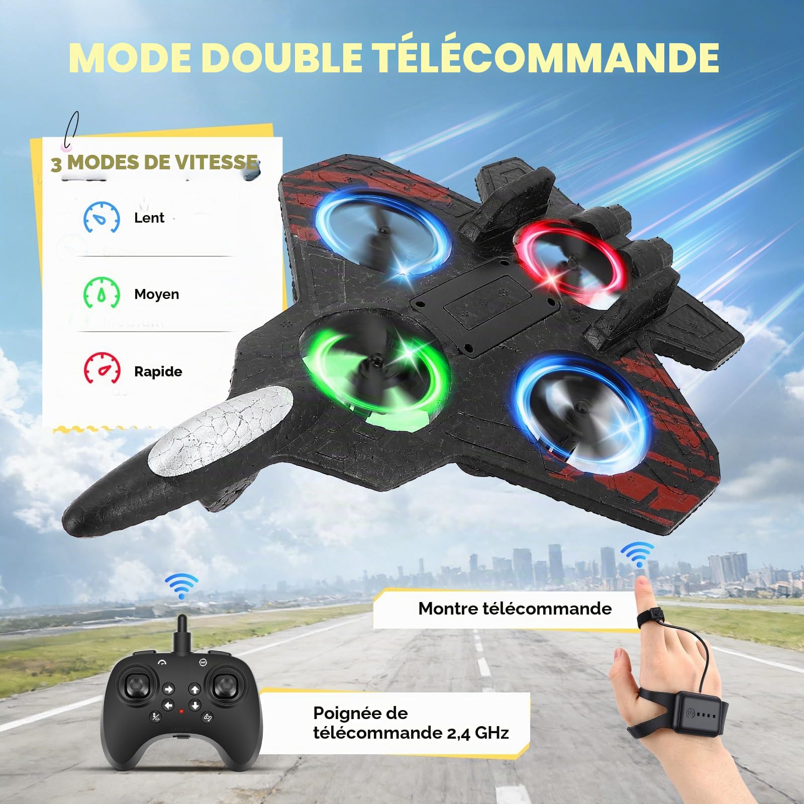 Avion Télécommandé, Double Contrôle (Télécommande & Commande au Poignet), RC Avion 360° Rotation, 3 Vitesses, avec Lumière LED et Hélice de Rechange, Avion Extérieur pour Enfants (Rouge)
