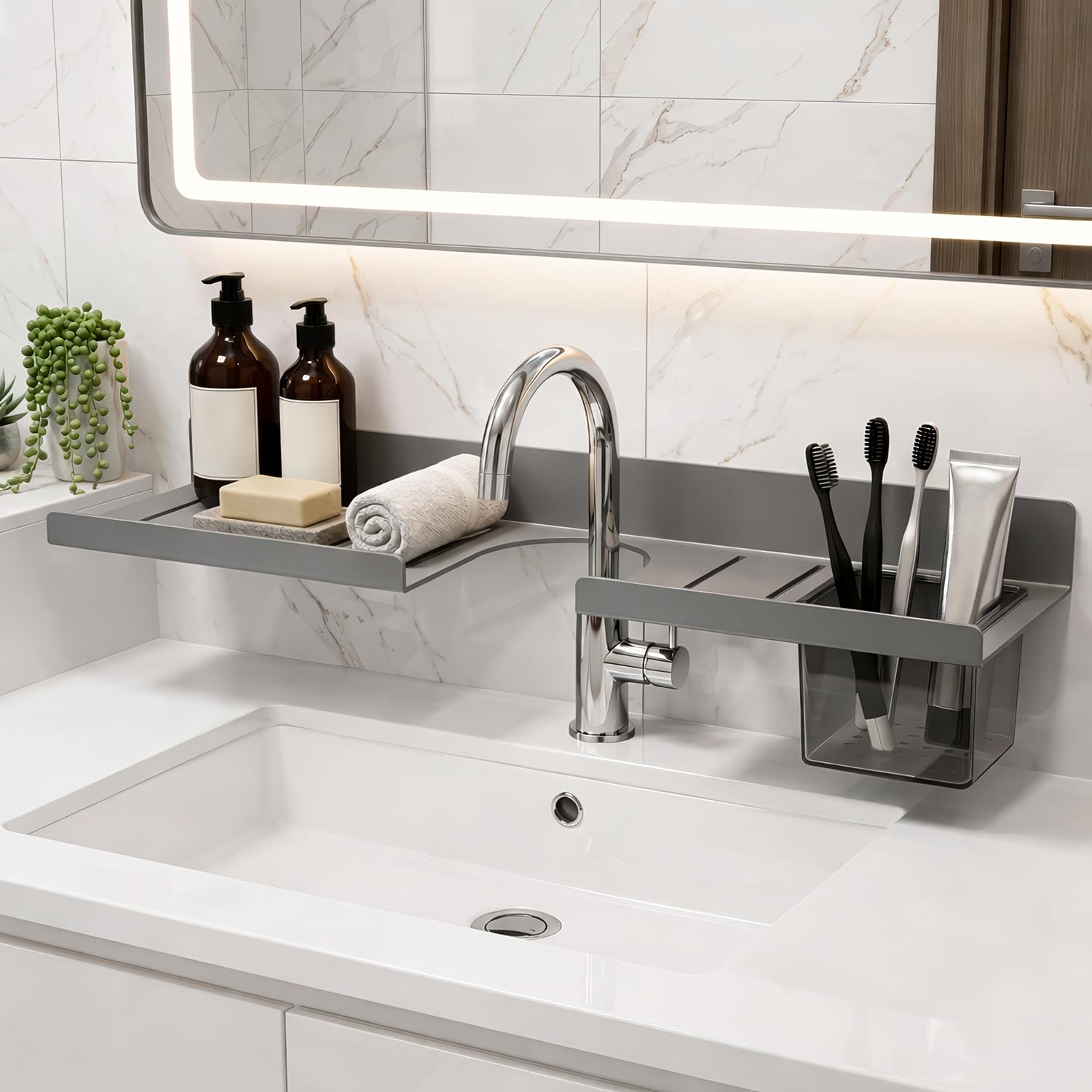 amazon basics 2feet bath shelves for wash basin | bathroom organiser without drill | self adhesive bathroom accessories & stand grey with toothbrush holder