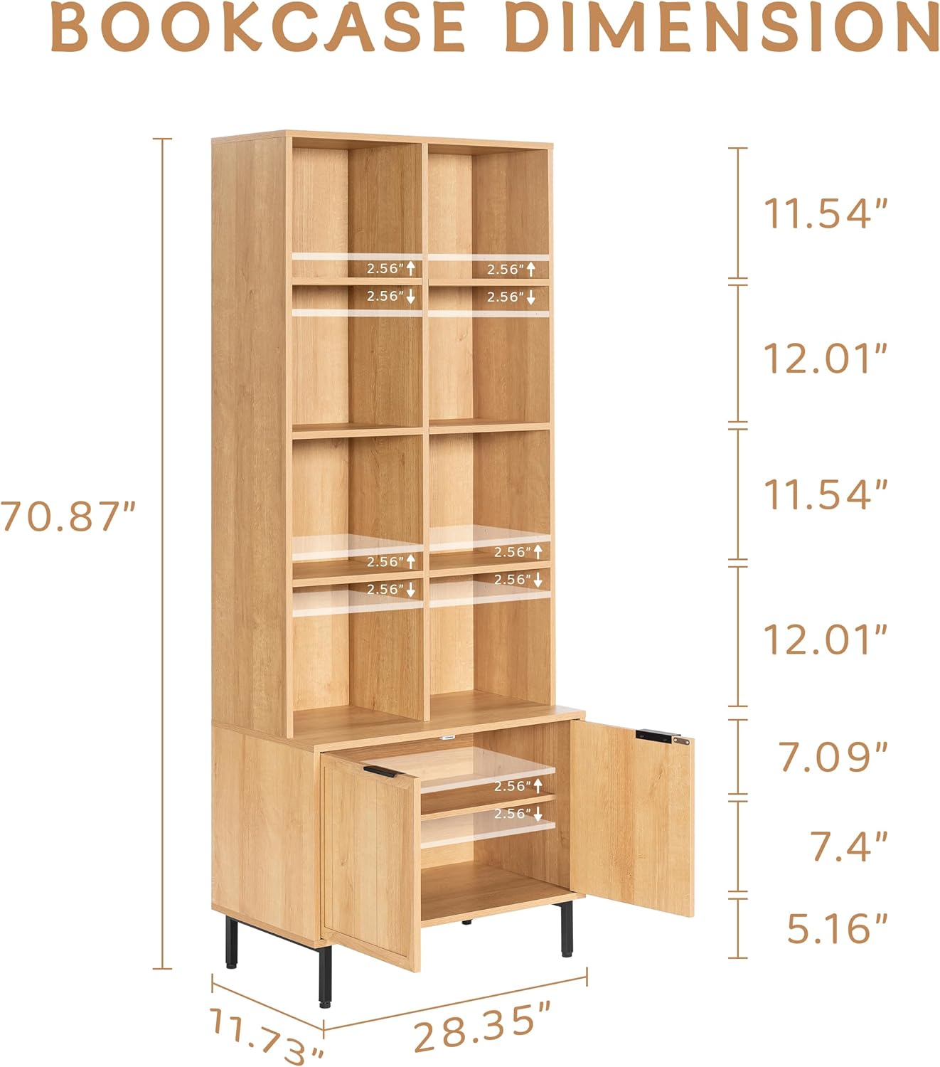 71" Tall Wooden Bookcase with Doors & Storage - 4-Tier Adjustable Shelves, Farmhouse Style Cabinet for Living Room, Office, Kitchen, Library - Versatile Organizer Shelf, Natural Oak (2)