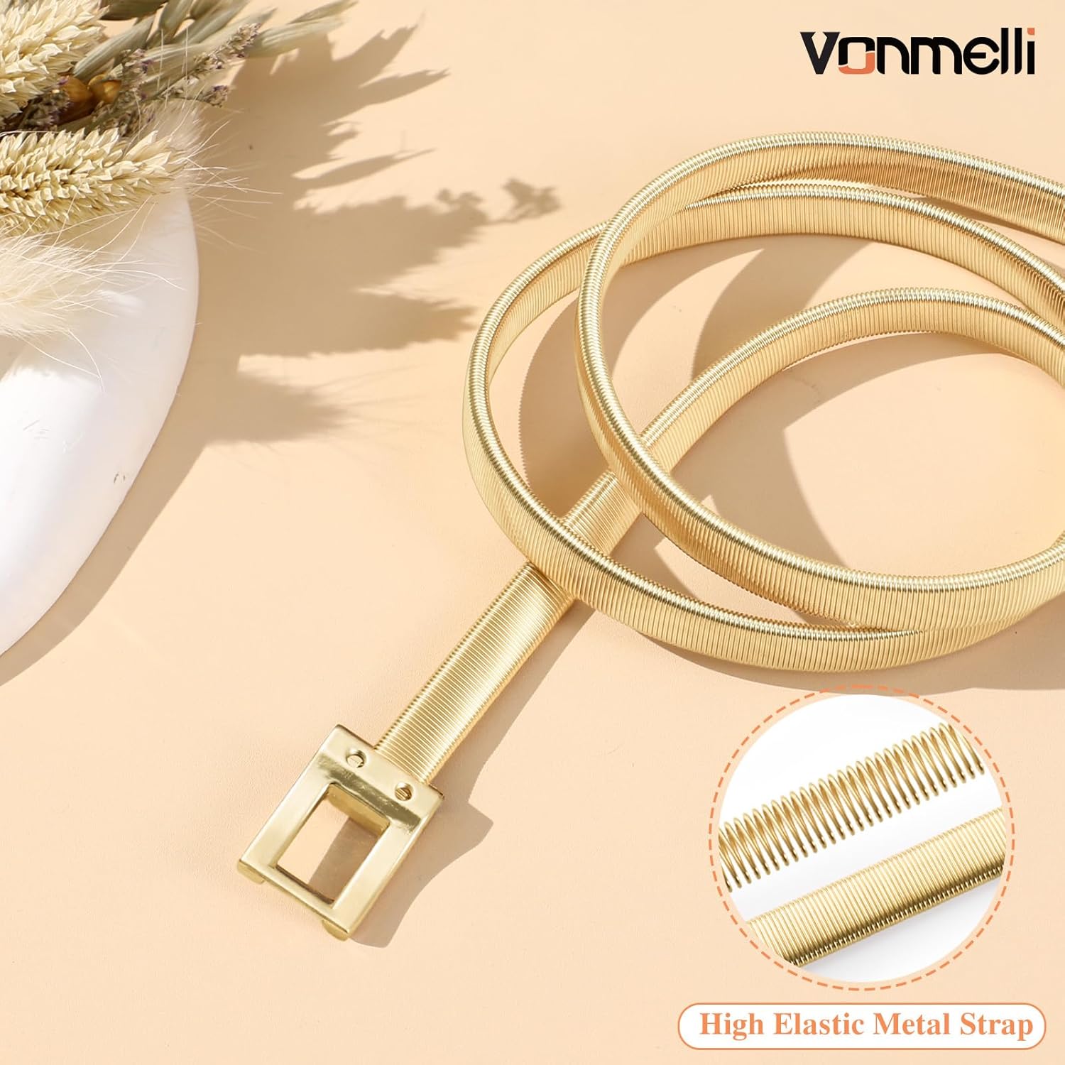 VONMELLI Skinny Metal Cinch Belt for Dress Stretch Thin Waist Belt for Women Gold/Silver - Image 6