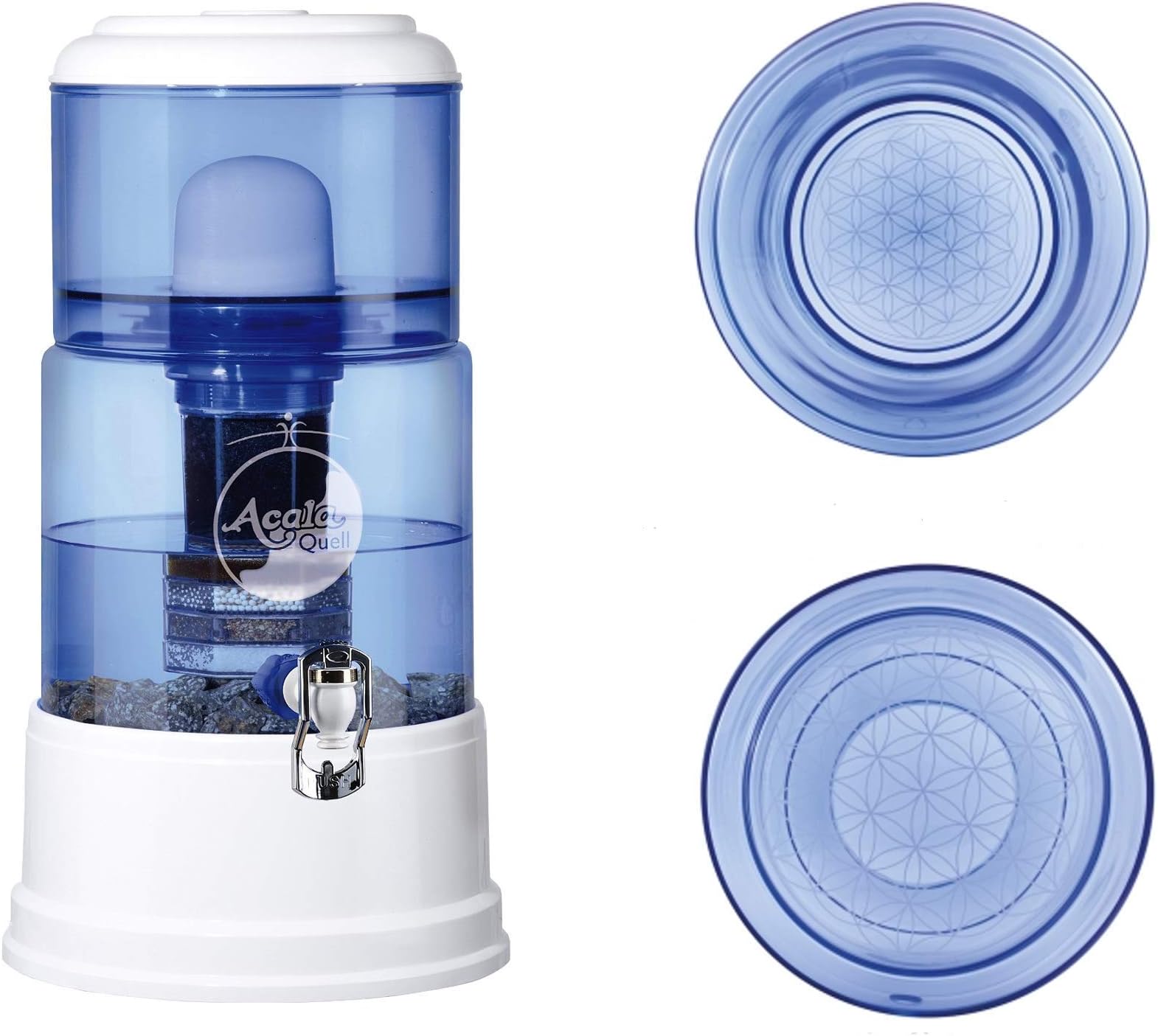 AcalaQuell SMART Water Filter System | White | with Glass Tank | Blue. 'Flower of Life' symbol engraved: bottom. Crystal Glass Reservoir: capacity 8 litres. Best Natural Gravity Filtration Technology.