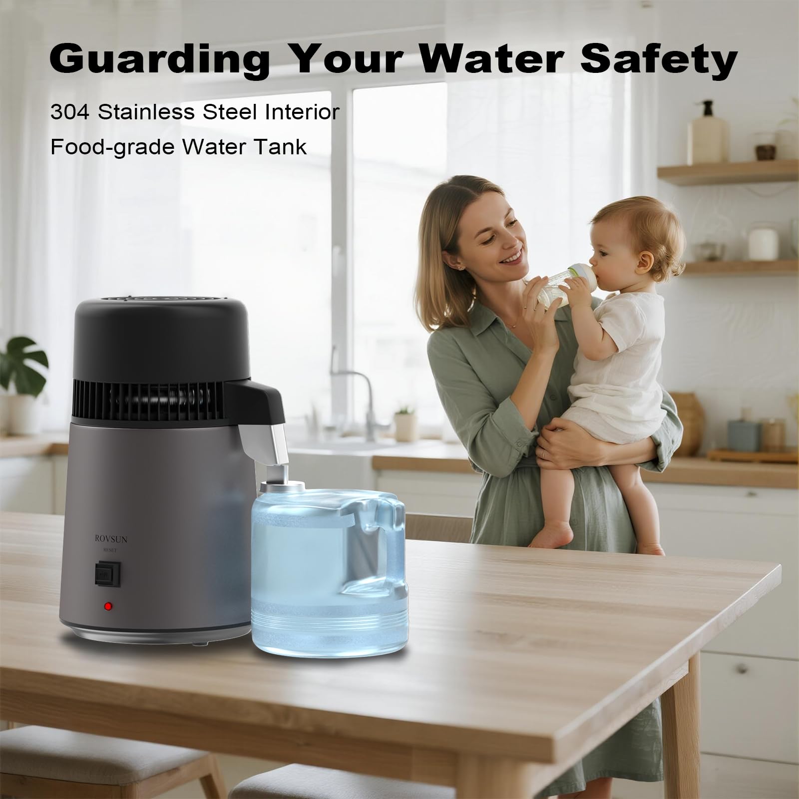 ROVSUN - Destilador de agua de 1.1 galón/4 litros, máquina de agua destilada con recipiente sin BPA, purificador de agua destilada con material ignífugo e interior de acero inoxidable, 750 W, negro
