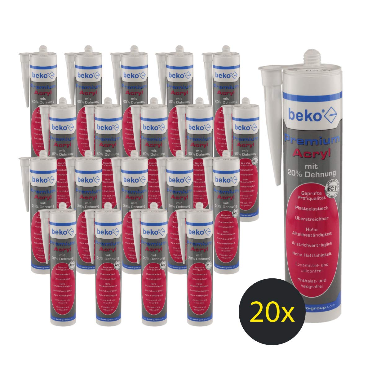 Beko - 20 Selladores de Acrílico Polímero Sellador Juntas con 20% de Estiramiento, 310 ml