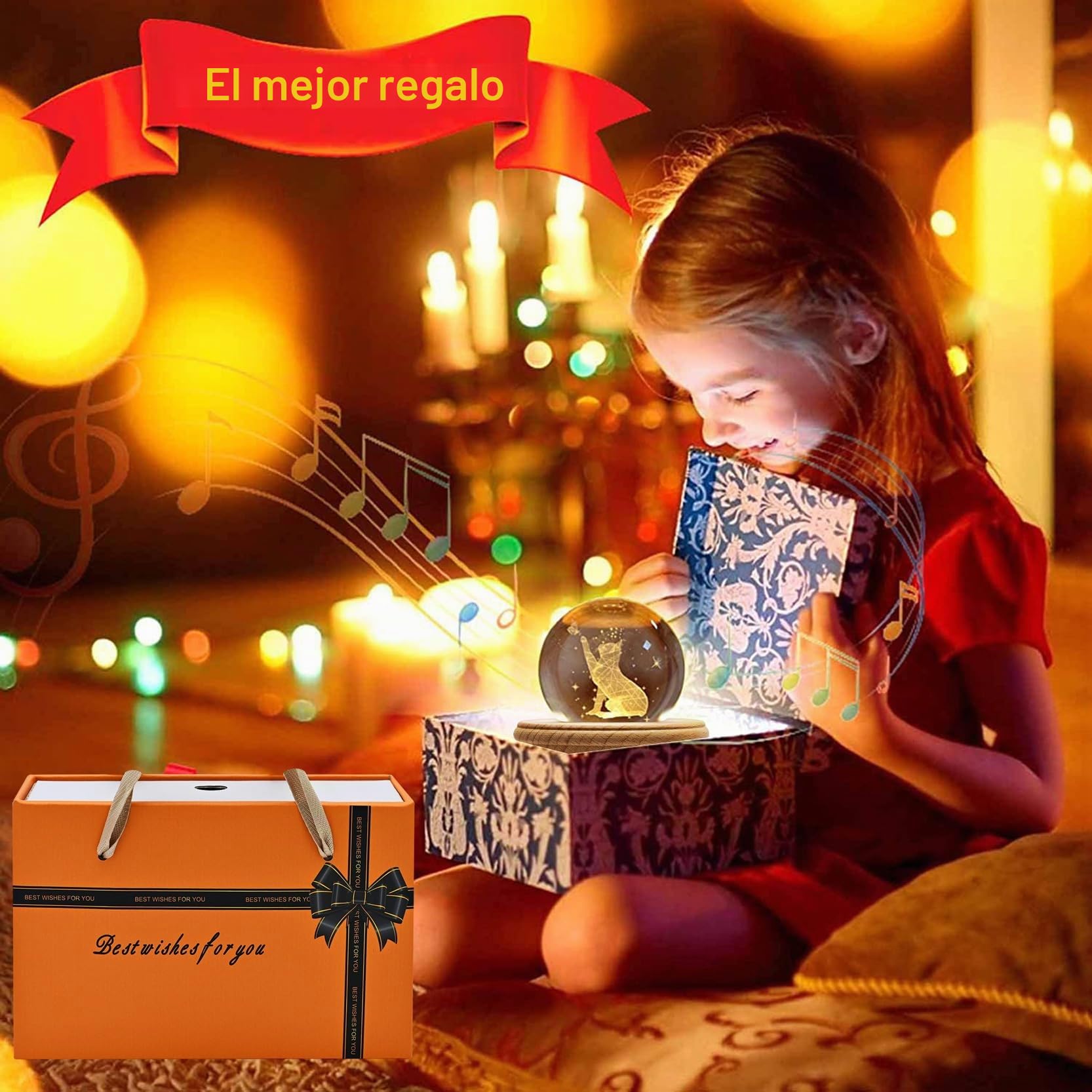 Caja de Música con Bola de Cristal,Caja de Música de Madera con Proyección,Base Giratoria de Madera con Rotación de 360°con Luz, Cristal 3D K9,Regalo de Cumpleaños Navidad Mujeres Niños