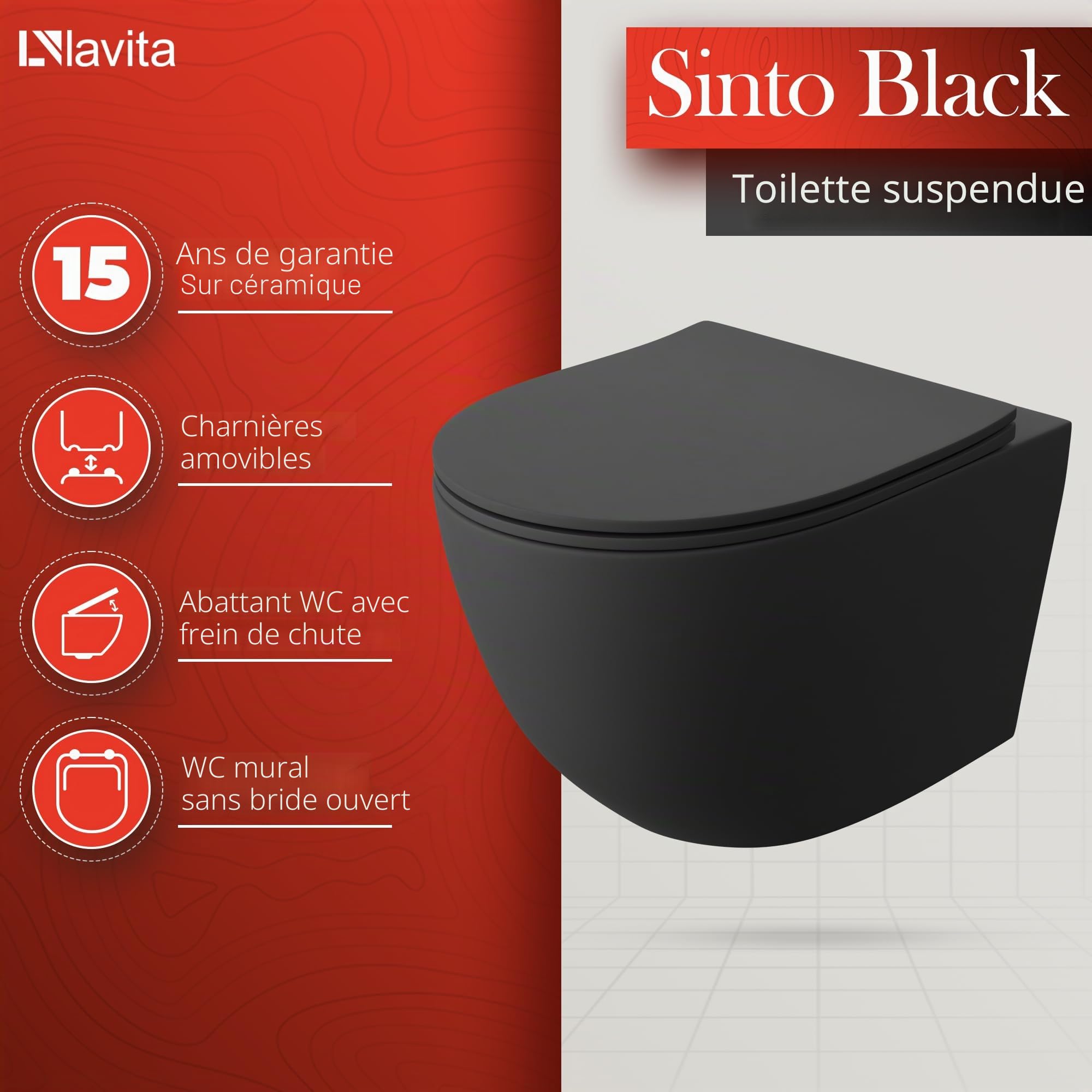 GROHE Solido + WC suspendu mural Sinto noir sans bord + abattant de WC avec système d'abaissement automatique - Bouton noir - Kit complet encastré - WC complet
