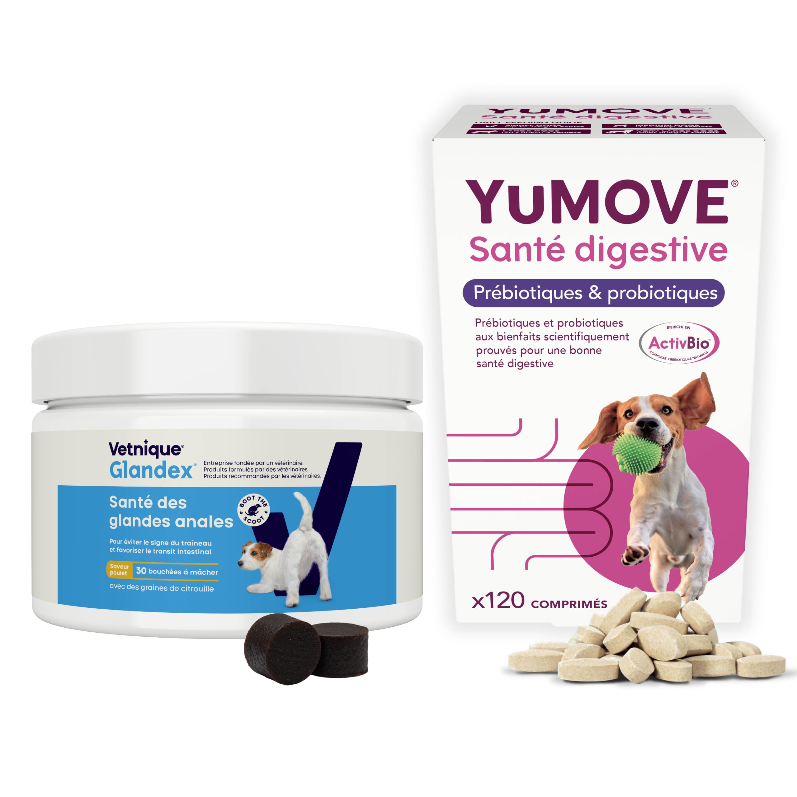 YuMOVE Probiotique Chien + Glandex pour Chien Superpack - Lot 120 Comprimés + 30 Bouchées - ActivBio, Digestion & Glande Anale Chien Routine Découverte