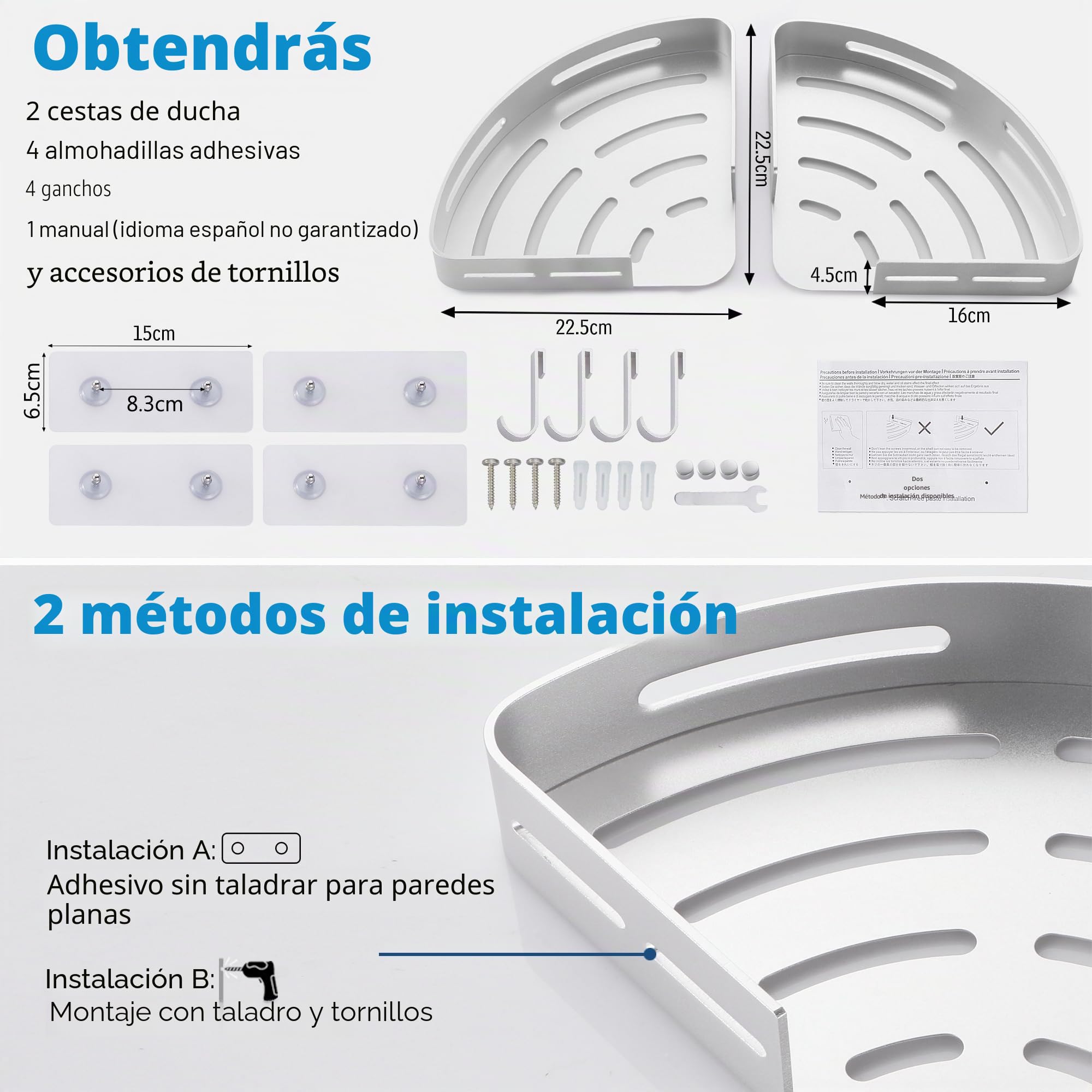 Estanteria Ducha Estante Baño sin Taladro Adhesivo Estantería Esquina Pared Organizador Baño Rinconera Ducha de Aluminio Plata 2 Piezas Cesta Ducha Soporte para Champú y Gel