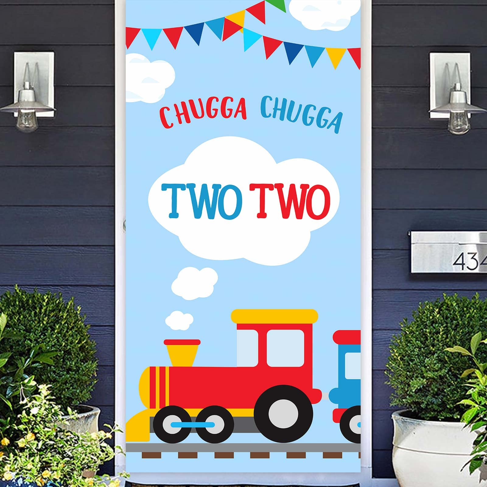 Steam Train Chugga Chugga Two Two Banner Decorations Railroad Railway Vehicle Transportation Rhyming Story Theme Decor for Door Porch Indoor Outdoor 2 Years Old 2nd Birthday Party Backdrop Supplies
