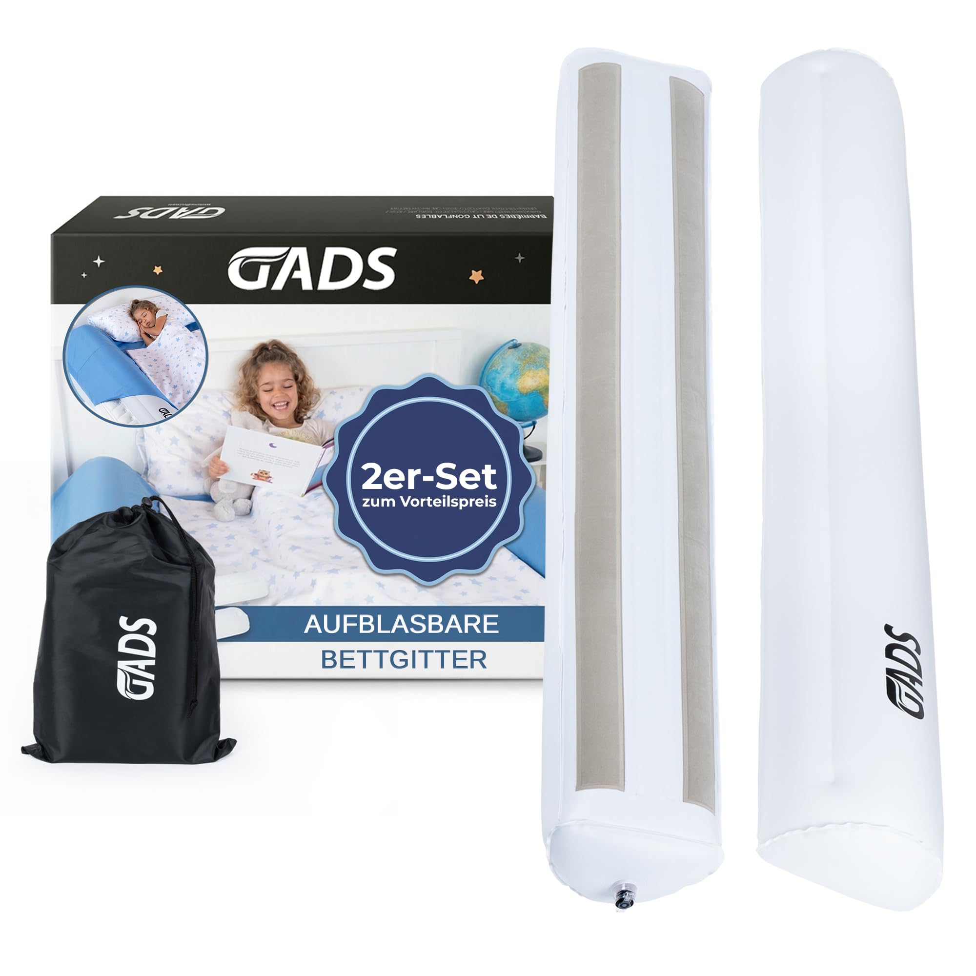Gads Reise-Bettschutzgitter für Kleinkinder (2er-Set) – Aufblasbare Bettgitter für Einzel-, Doppel-, Queen- & King-Size-Betten – Tragbare & rutschfeste Bettbegrenzung – Wasserabweisend & Langlebig