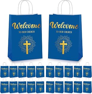 Chuangdi 50 Pcs Church Welcome Gift Bags Christian Paper Welcome to Our Church Religious Bags with Handles for Guest Baby Shower Baptism Birthday Party,5.9 x 3.15 x 8.27 Inch(Blue)