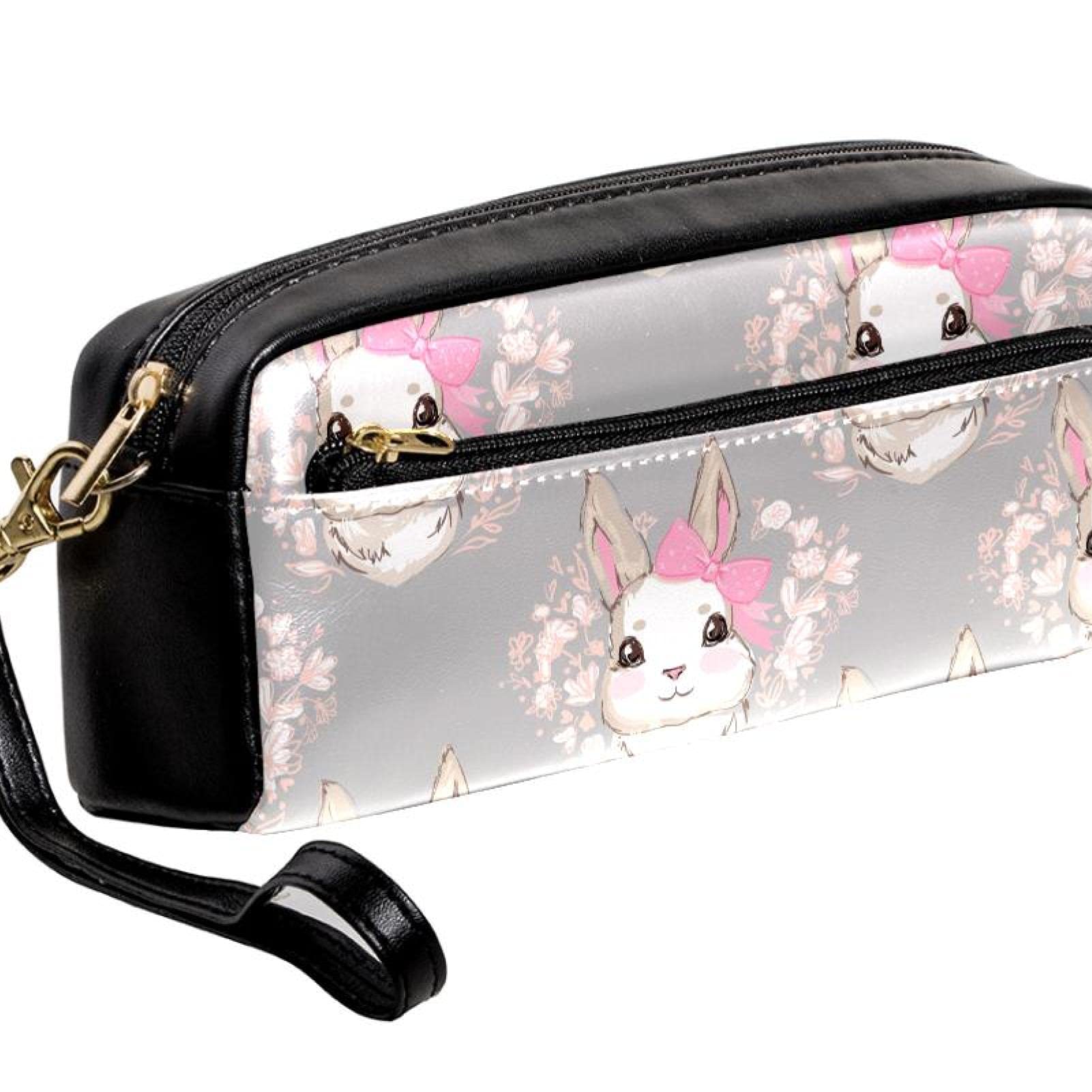 Trousse à crayons en cuir - Trousse de toilette - Sac à main - Organiseur de papeterie avec dragonne - Fille lapin avec nœud rose et couronne