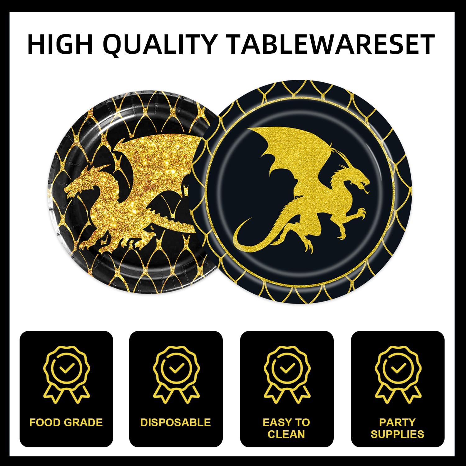 141Pcs Black Gold Dragon Birthday Party Decorations for 20 Guests - Tableware Supplies Black Gold Dragon Plates and Napkins Forks Cups Straws Tablecloth for Baby Shower Birthday Party Decorations