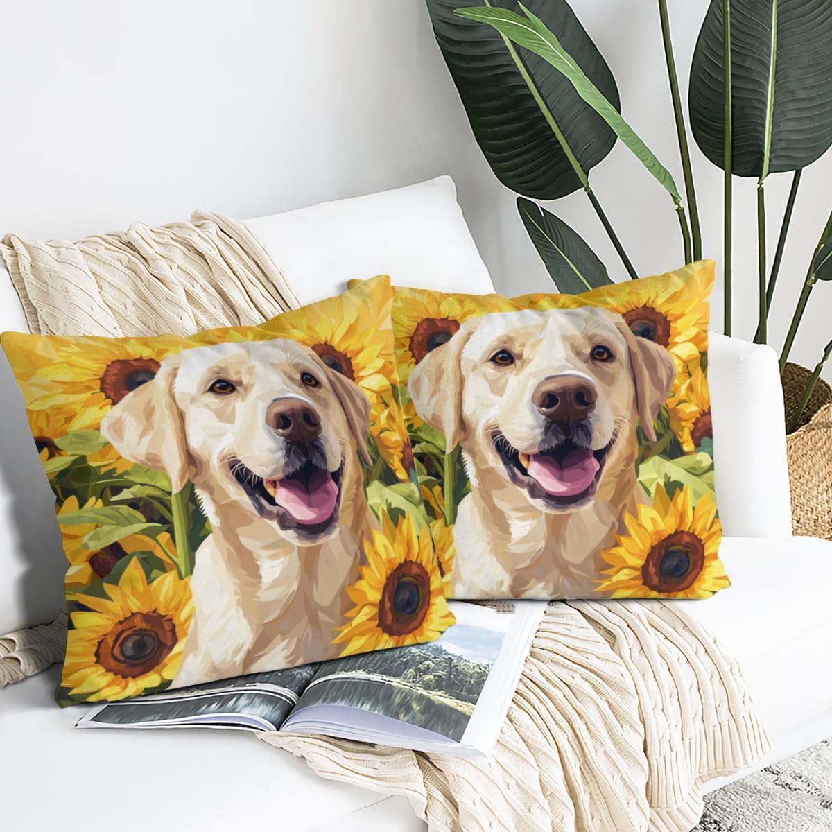 Sunflower Black Labrador Retriever Throw Pillow Cover Set of 2 Summer Flowers Pillow Case Seasonal Home Decor Animal Lovers Gift Sofa Couch Cushion Cover 28x28 Inch