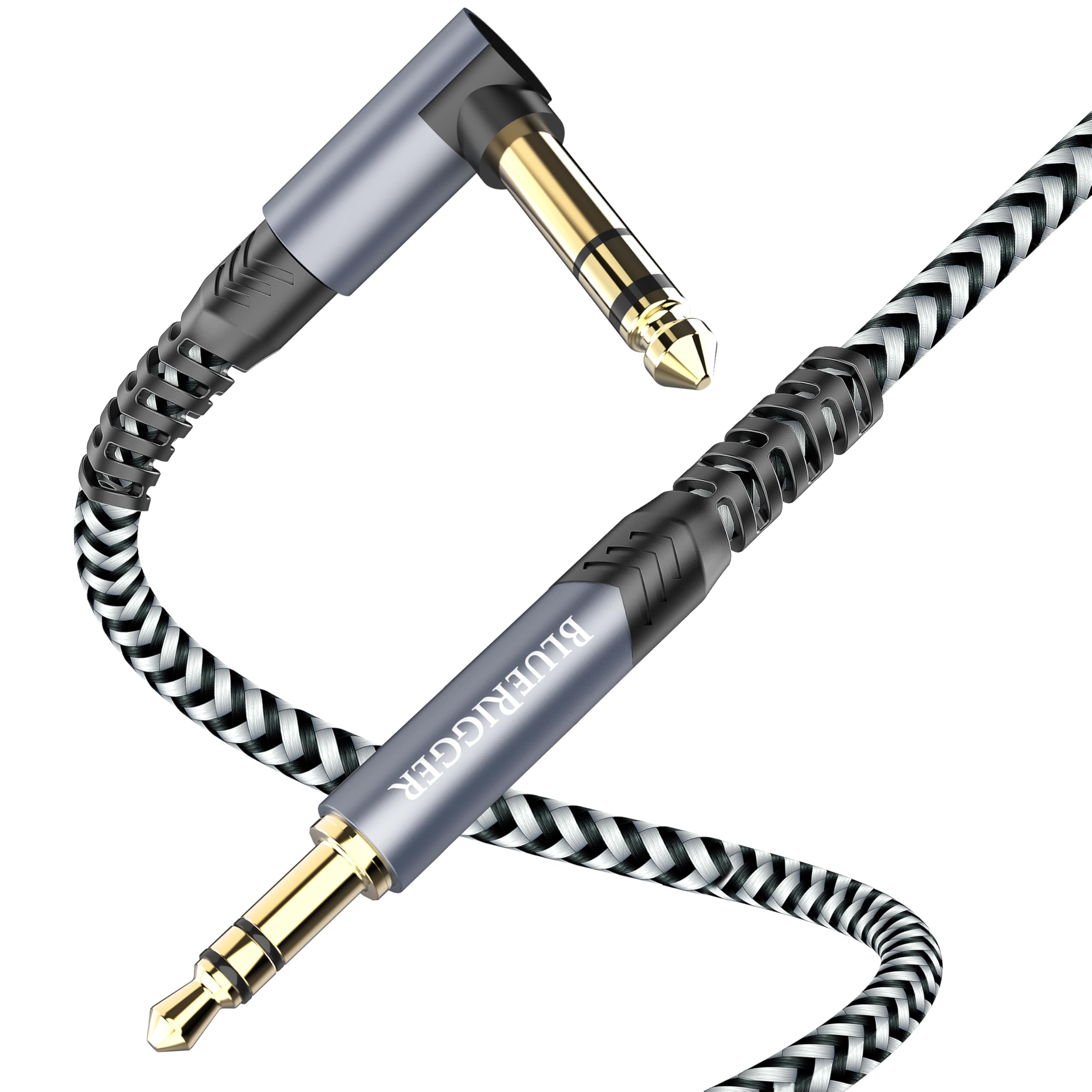 BlueRigger 6.35mm to 3.5mm Audio Cable (15FT, 90 Degree Bi-Directional, 6.35mm 1/4" to 3.5mm 1/8" Male to Male TRS, Right Angled Braided Stereo Audio