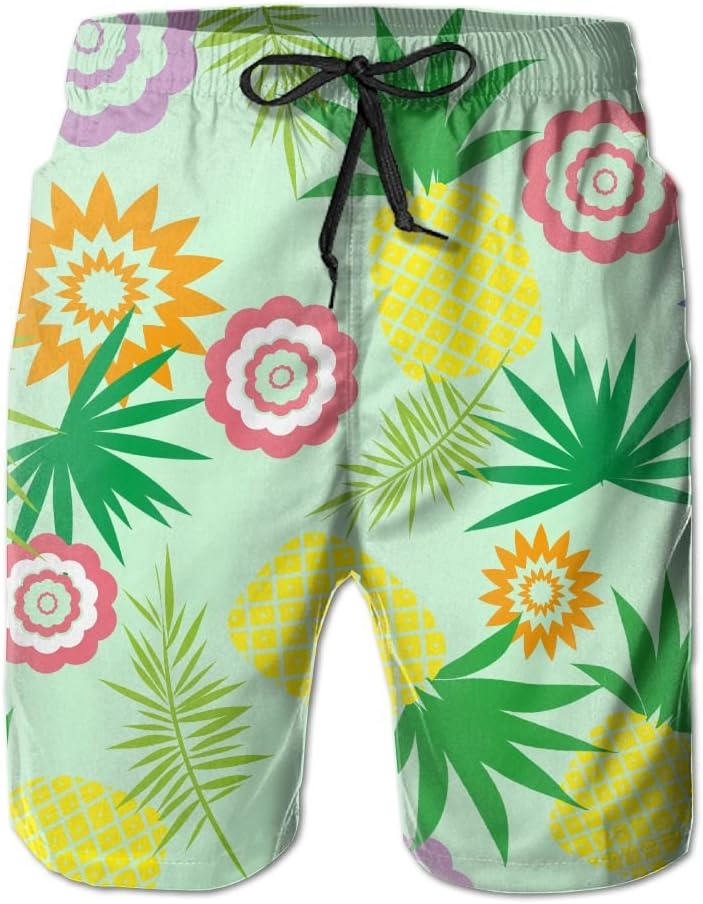 Boy's Quick Dry Board Shorts Hawaii Style Pineapple Mint