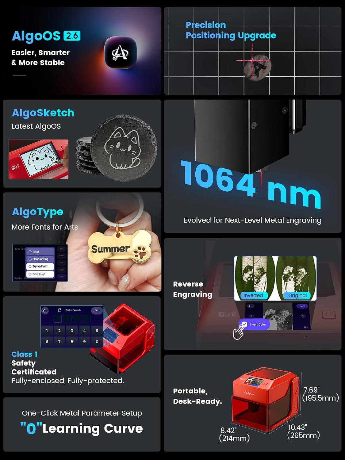 AlgoLaser Pixi 1064nm Infrared Laser Engraver (1.5W/1500mW) - Portable Laser Engraver Machine with 3.5" Touchscreen & AlgoOS System - Jewelry & Metal Engraving for Gift Customize,Making/Business